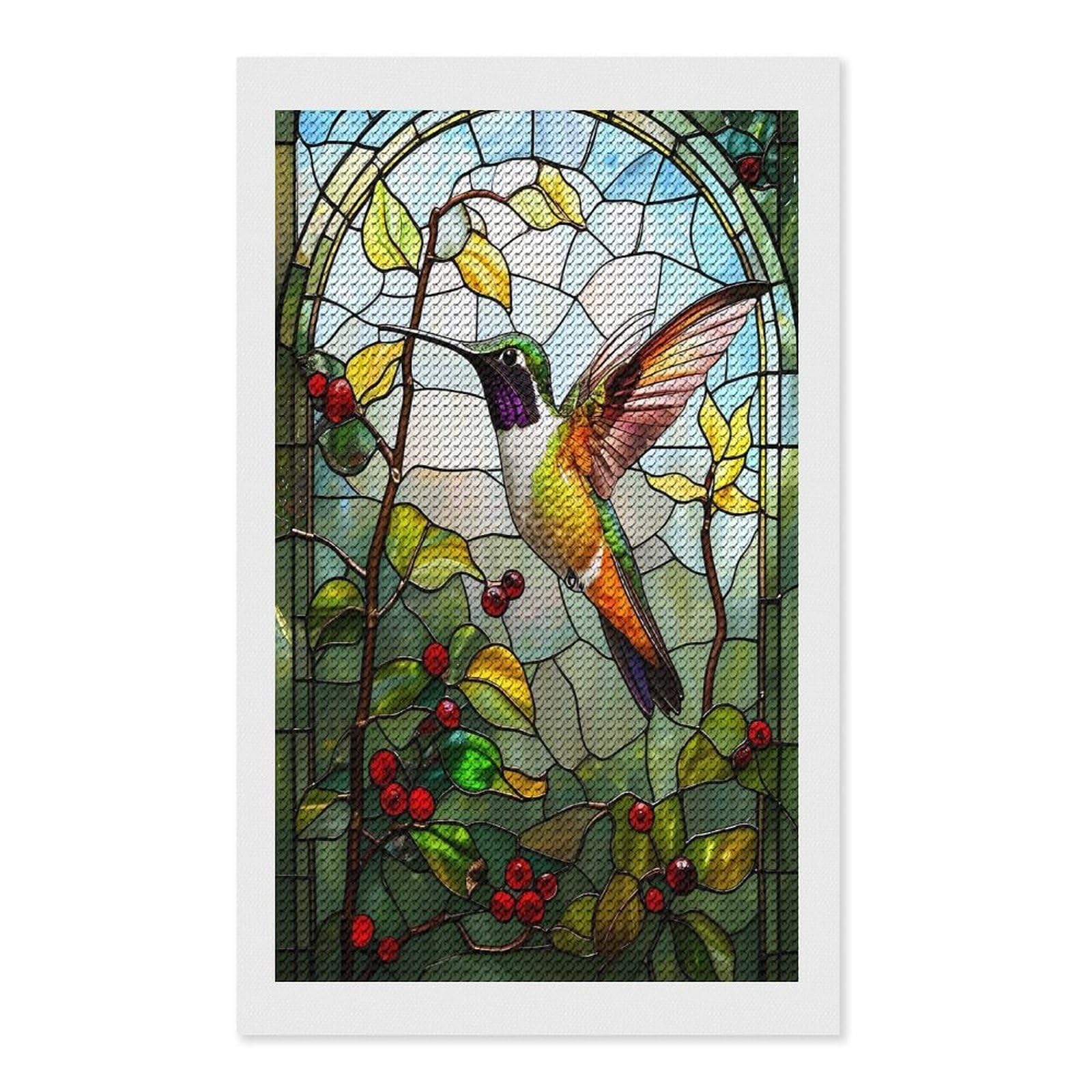 Junmoney Stained Glass Hummingbird Diamond Painting Canvas Set 12"x20", for Adults, Sparkling Round Gems, Thoughtful Handmade Gift, Modern Decor