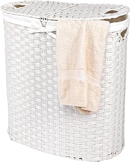 Seville ClassicsPremium Handwoven Portable Laundry Bin Basket with Carrying Handles, Household Storage for Clothes, Linens, Sheets, White, Oval Hamper