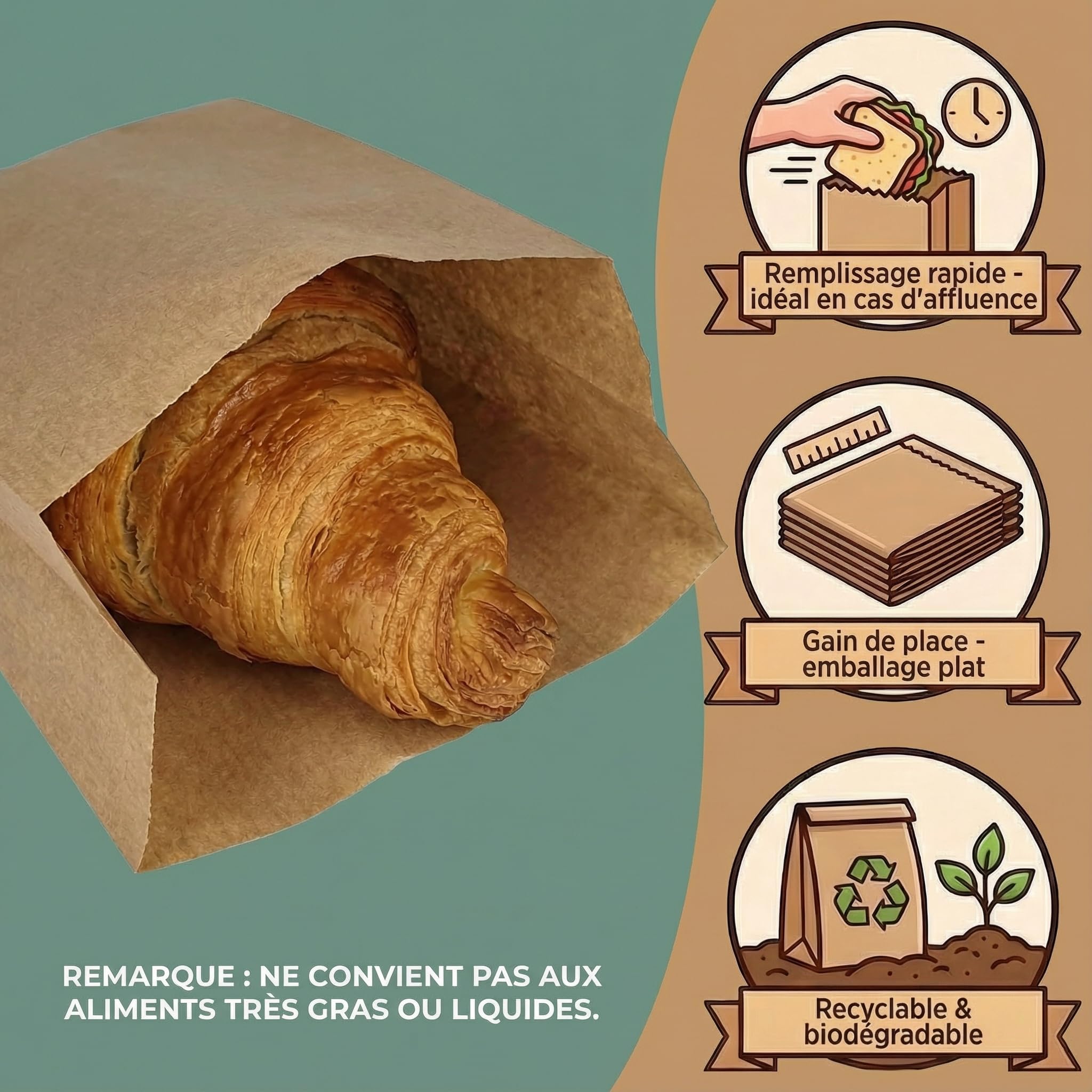 1000 Lot Sac Papier Kraft - Sachet Kraft Alimentaire, Sandwich - Emballage Alimentaire Boulangerie, Patisserie, Bonbon, Café - Sachet Papier Kraft Marron 10 x 5,5 x 25 cm