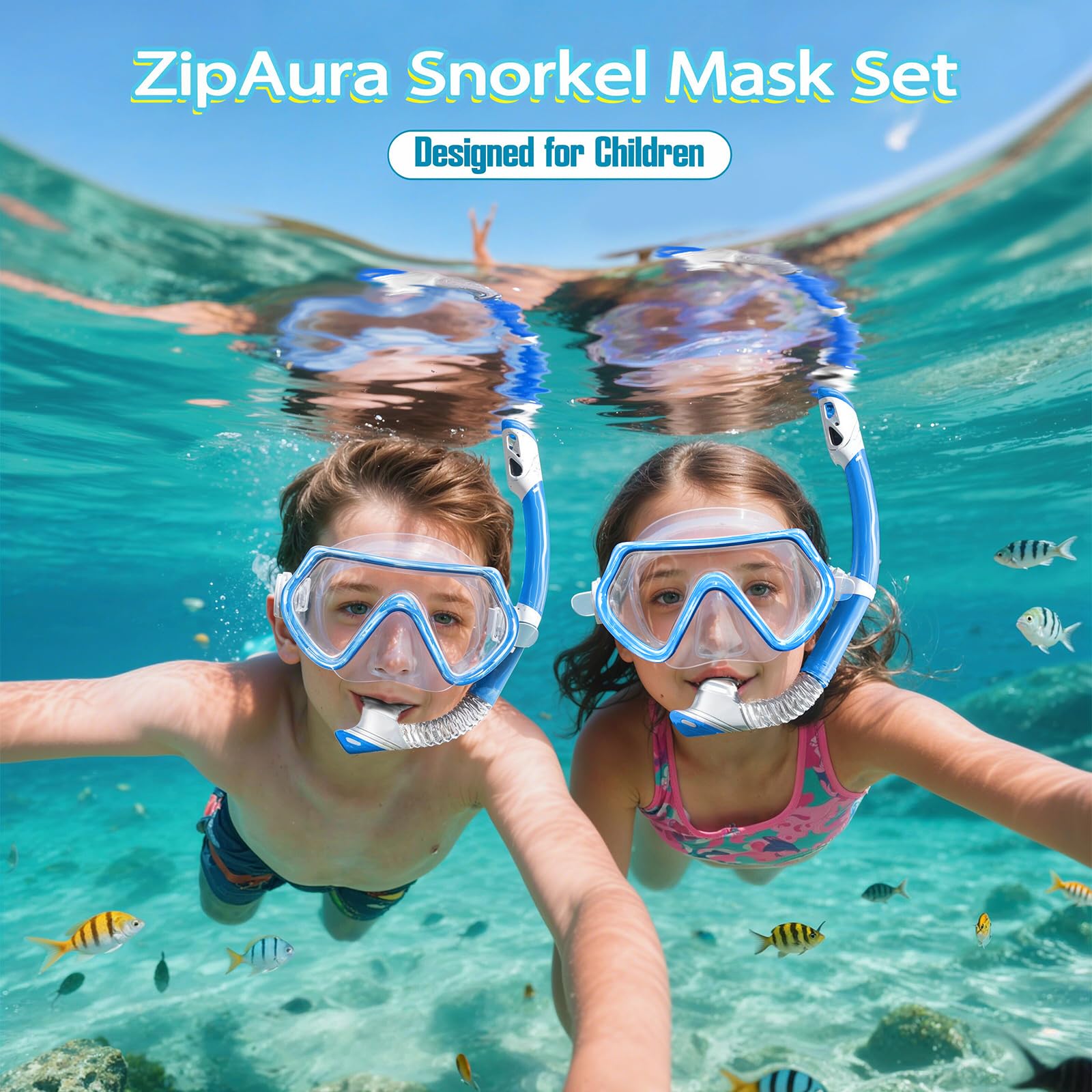 Set da snorkeling per bambini, unisex, maschera da immersione anti-appannamento e boccaglio asciutto, per bambini dai 3 ai 14 anni (blu)