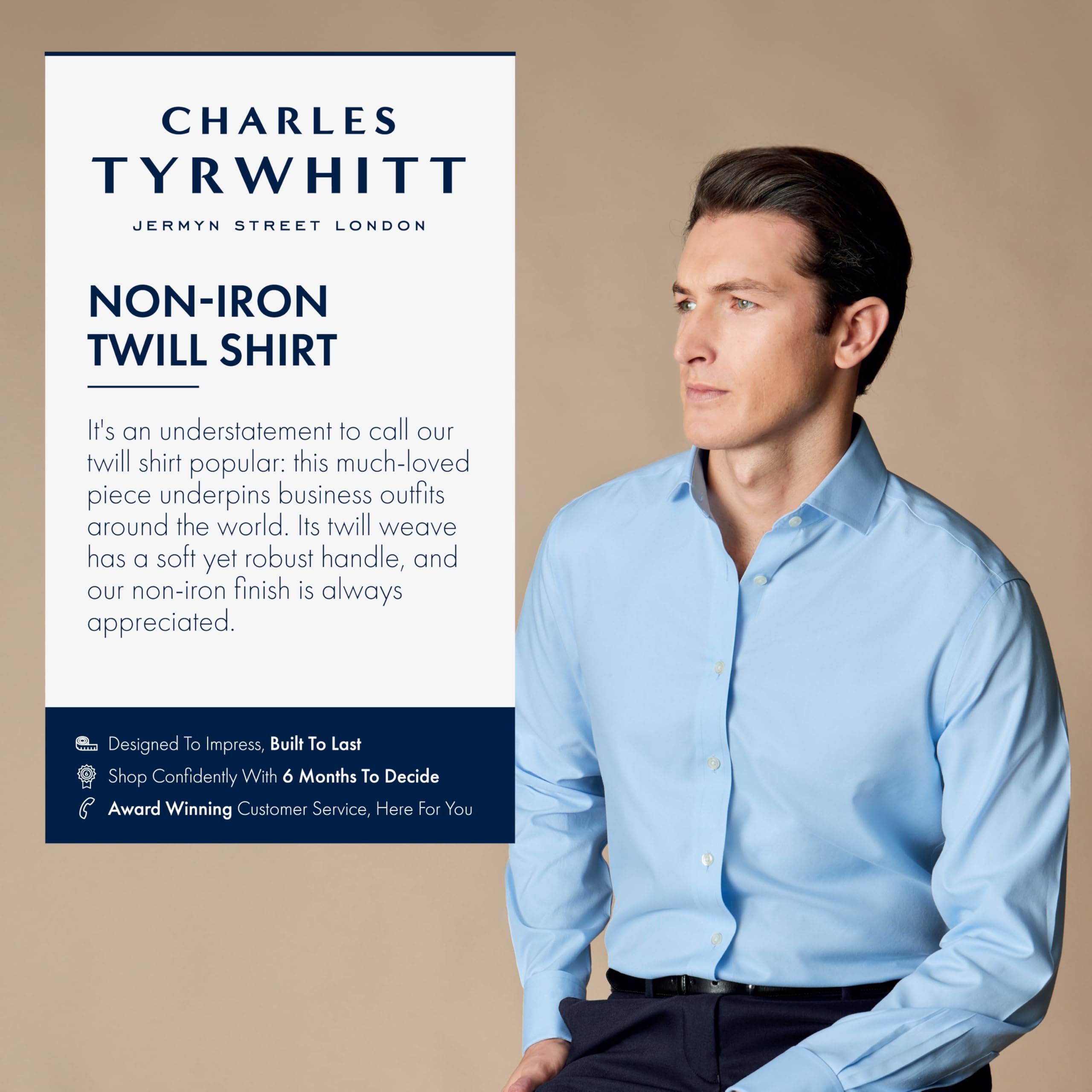 Charles Tyrwhitt Shirts for Men - Non Iron with 100% Cotton Twill - Work, Business & Weddings - Slim Fit Cutaway Collar