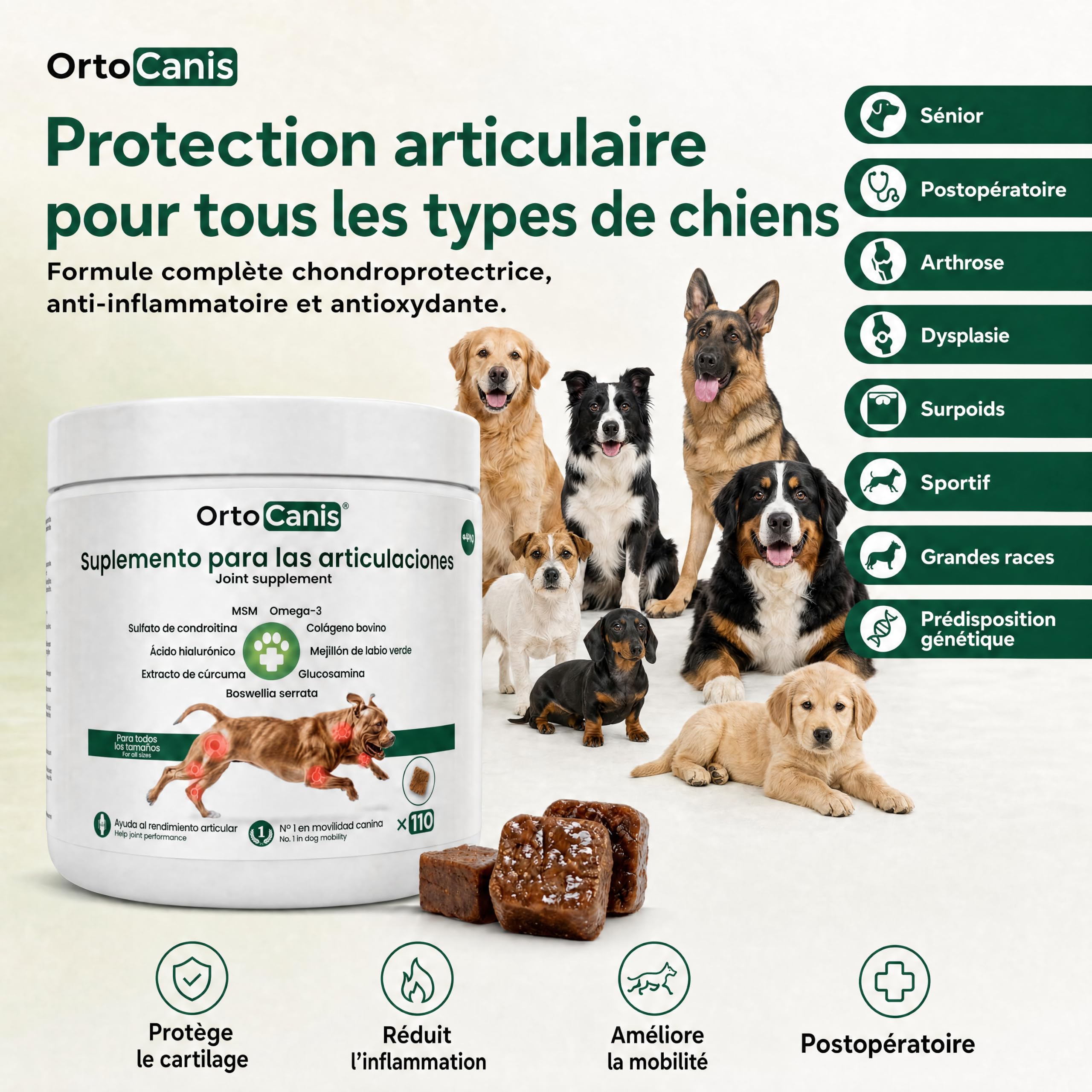 Supplément chondroprotecteur anti-inflammatoire pour chien Ortocanis - 13 ings. Actifs : glucosamine, chondroïtine, MSM, oméga-3 EPA + EVA, curcuma, boswellia serrata, collagène, vitamine E et C