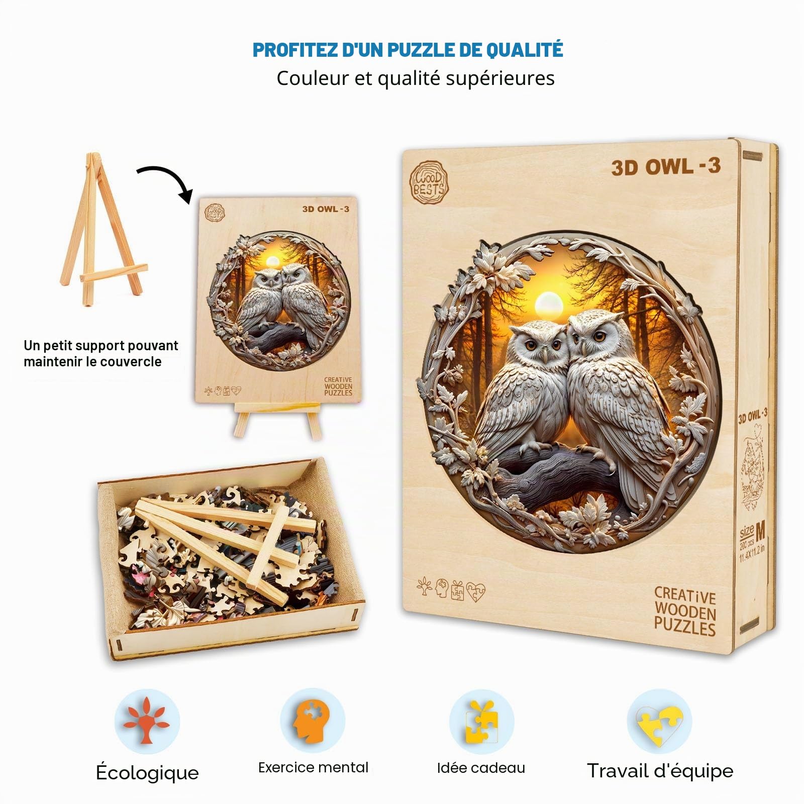 Puzzle en bois adulte 300 pièces hibou 3D puzzle en bois 34x33,5 cm puzzle en bois irrégulier unique en forme d'animal adulte beau cadeau pour la famille et les amis