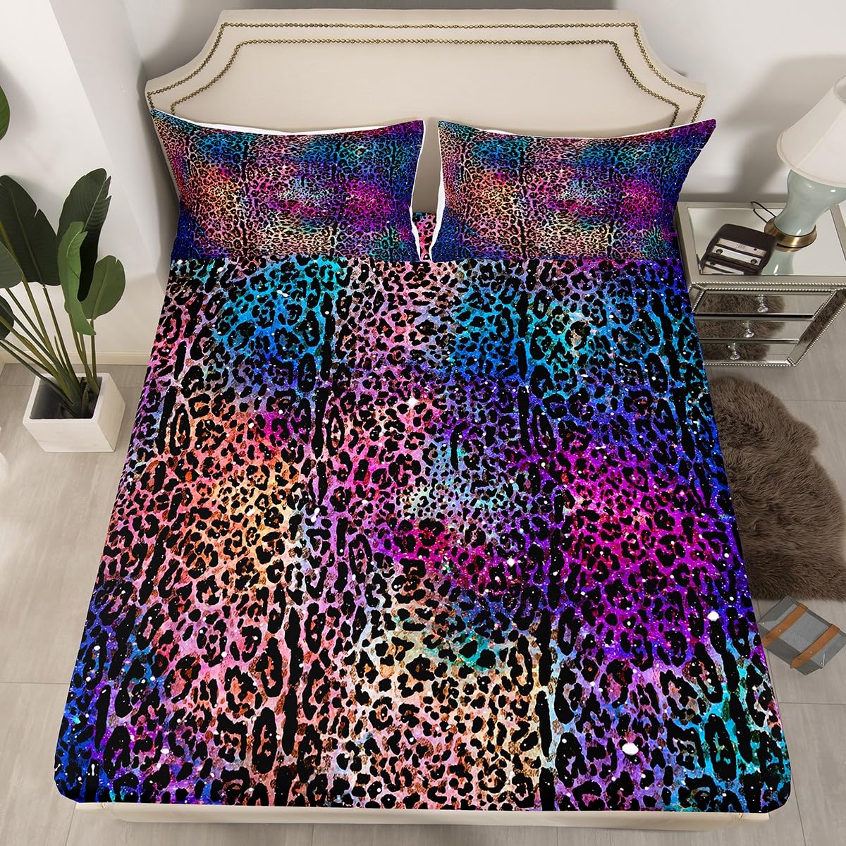 jejeloiu Kids Leopard Print Fitted Sheet Queen Size Cheetah Bed Sheets Set for Boys Girls Teens Bedroom Decor Safari Bedding Set Soft Wild Animals with 2 Pillow Case Blue Pink