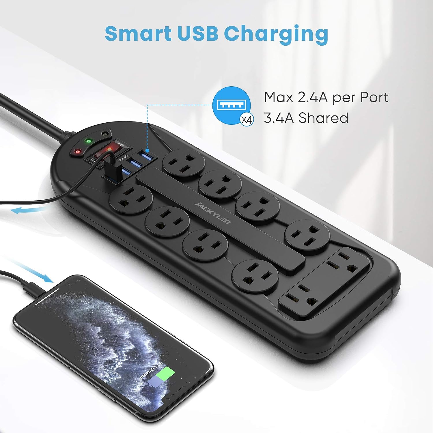 JACKYLED 10 AC Outlets Power Strip with 45° Angle Flat Plug, 9.8 Ft Heavy Duty Extension Cord Mountable Outlet Strip Surge Protector with 10 Outlets 4 USB for Home Office, Black