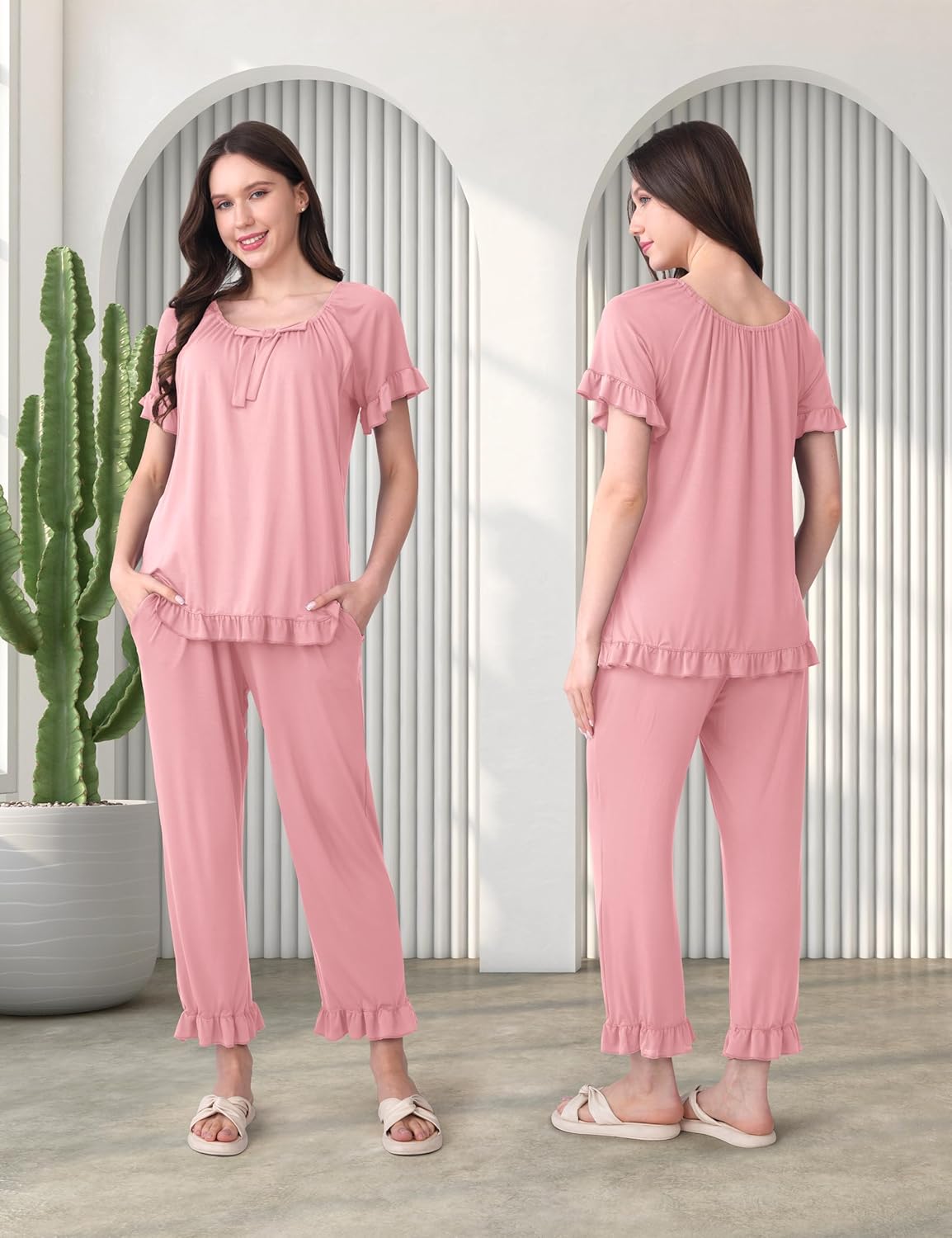 SUNNYBUY 3Pcs Ruffle Trim Postpartum Nursing Pajamas Set with Bowknot, Maternity Breastfeeding PJS Pregnancy Sleepwear - Image 3