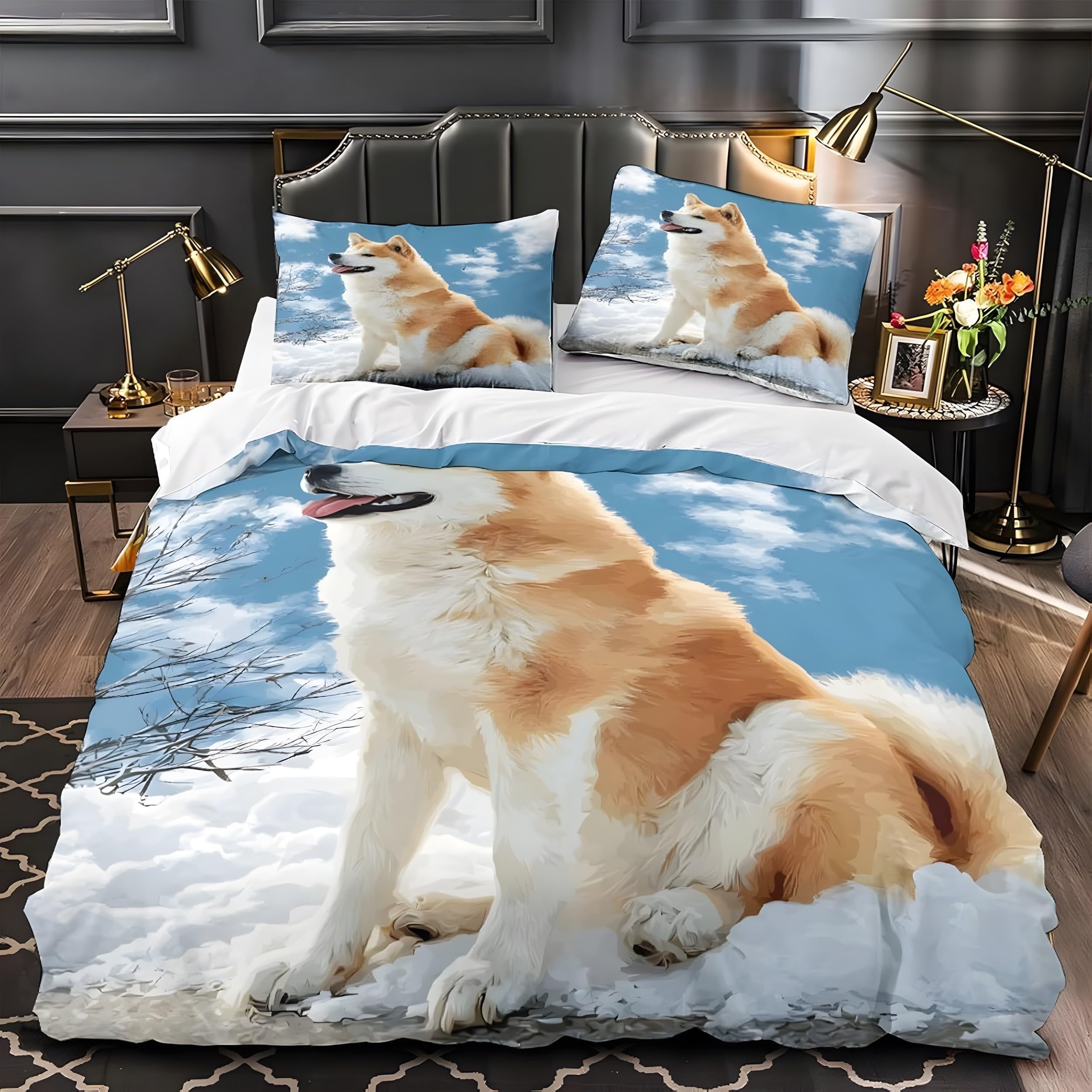 YZQGLHP Brown and White Dog Small Double Duvet Cover Set 135x220cm – 3D Print Snowy Scenery Lightweight Microfiber Bedding, Soft Quilt Cover with Zipper & 2 Pillowcases 50x75cm