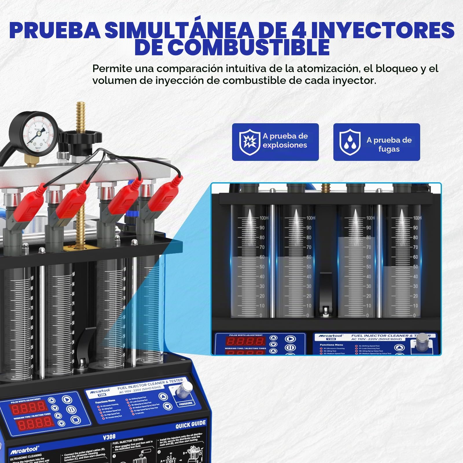 MR CARTOOL V308 - Limpiador de inyectores de 4 cilindros, 220 V, sistema de combustible ultrasónico, limpiador para vehículos diésel y gasolina y motocicletas