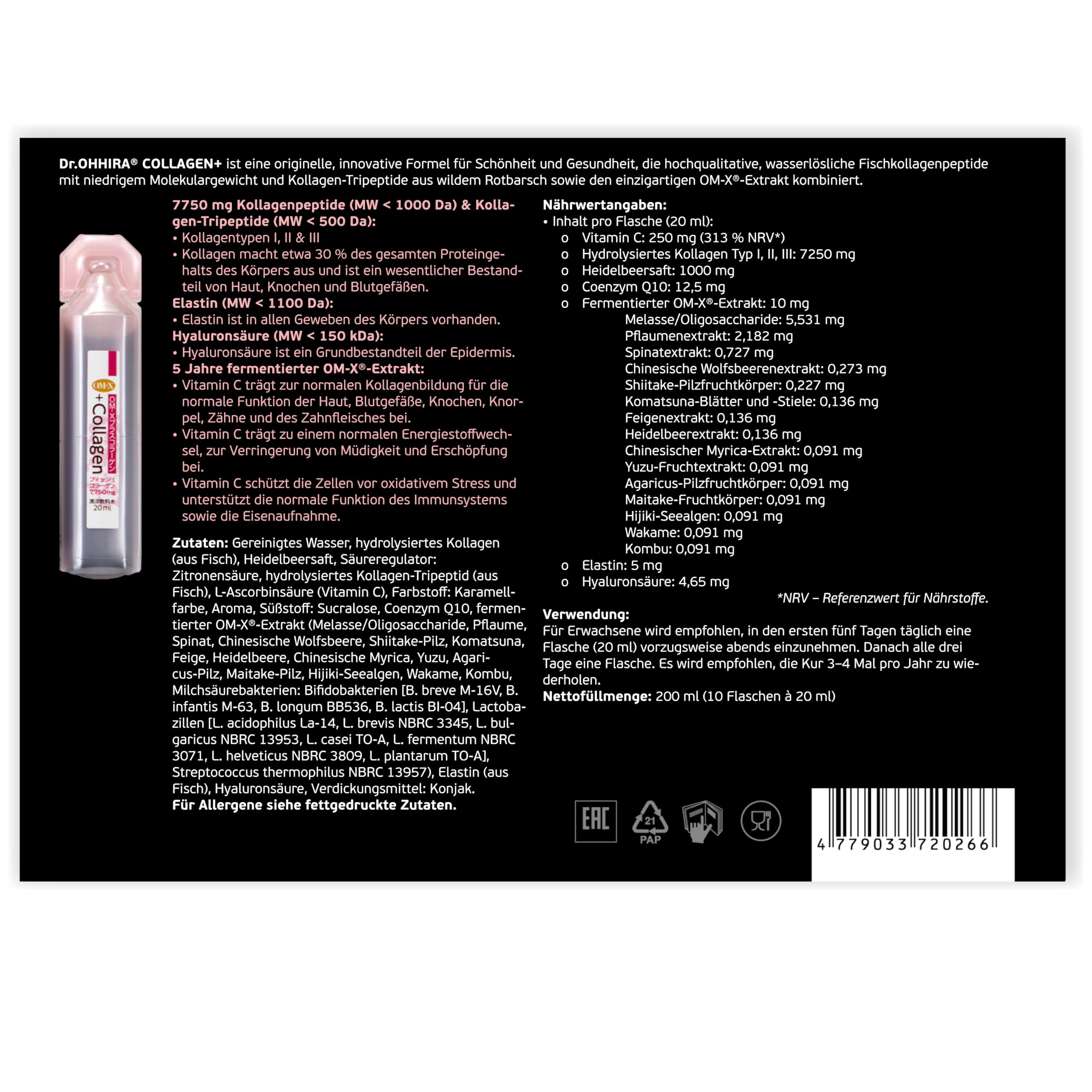 Dr.OHHIRA® Collagen+ Typ 1,2,3, Marine Trinkampullen Elastin, Hyaluronsäure | Mit Kollagen-Tripeptiden zur Unterstützung der Darmgesundheit und des allgemeinen Wohlbefindens – 7750 mg