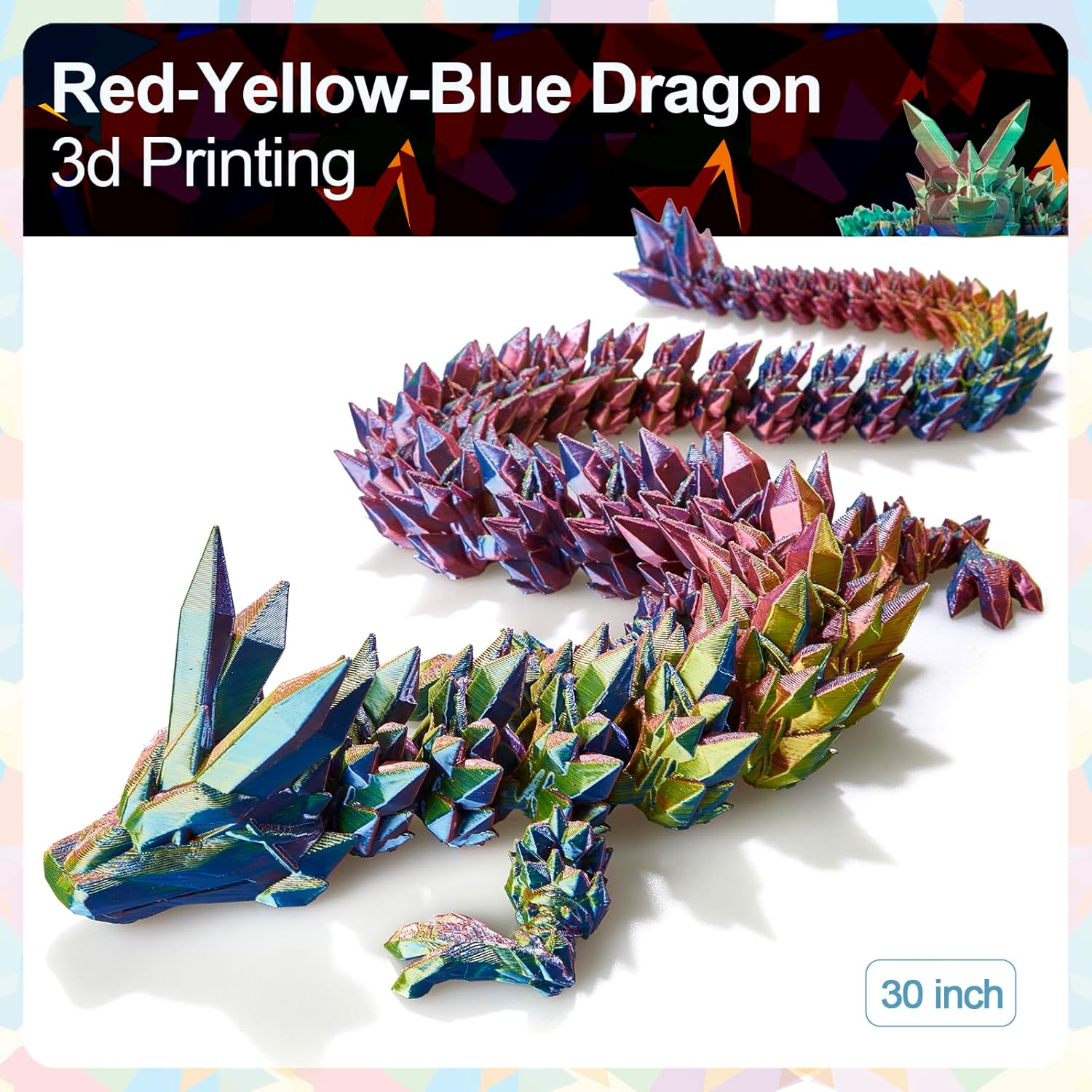 30" Large 3D Printed Dragon - Huge Articulated Crystal Dragon Fidget Toy, Giant Flexible 3D Dragon Figure, Birthday Gift for Boys Girls Kids & Collectors, Home Office Executive Desk Decor