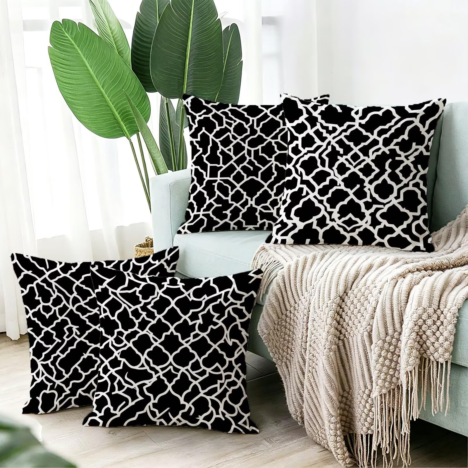 Coussin Exterieur Impermeable Noir Et Blanc, Taie Oreiller 45x45, Cod-304