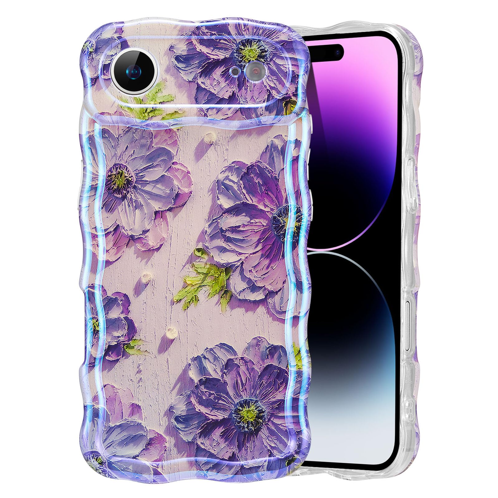 EYZUTAK Case for iPhone 15, Colorful Retro Oil Painting Flower Laser Beam Glossy Pattern Cute Curly Waves Border Exquisite Phone Cover Stylish Durable Soft TPU Protective Case for Girls Women - Green — view 57
