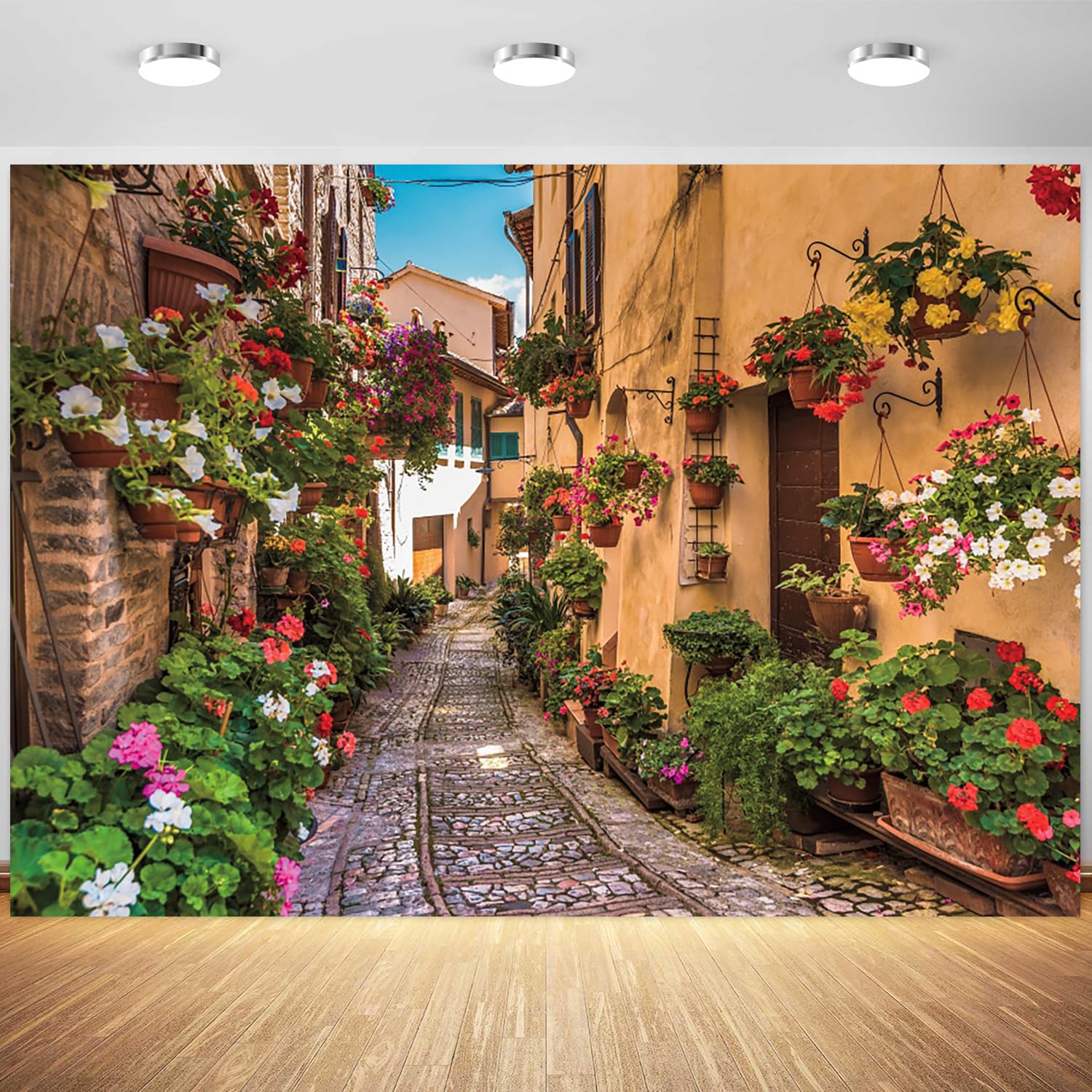 7x5ft European Street Backdrop Italian Town Buildings Stone Path Photography Background Spring Flowers Alley Scenery Decorations Italian Theme Party
