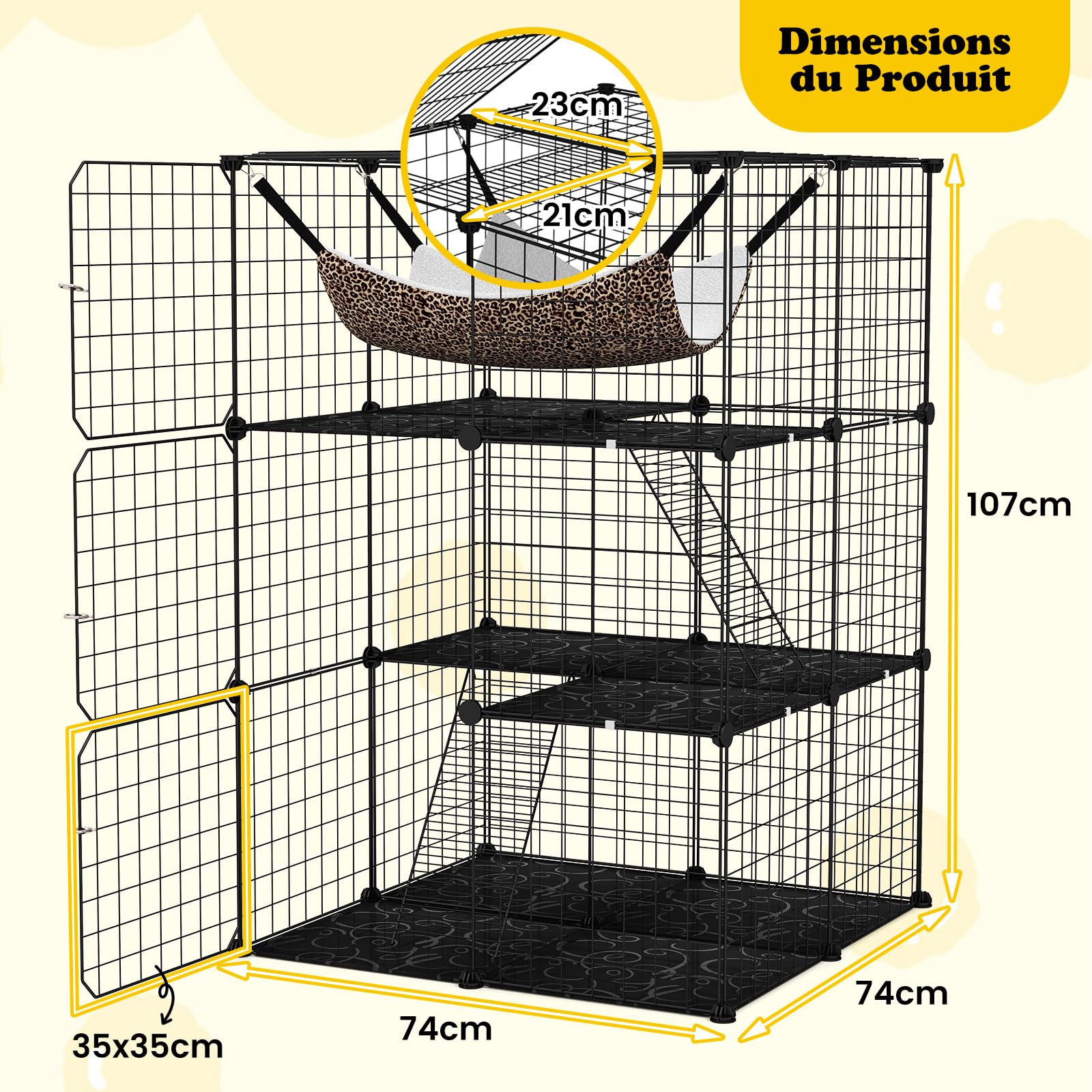 COSTWAY Grand Cage Chat à 3 Niveaux, Enclos pour Chats en Fil Métallique Amovible, Hamac, 2 Echelles, 3 Portes, 1 Fenêtre, Parc Interieur Exterieur pour Petit Animaux, 74 x 74 x 107 cm