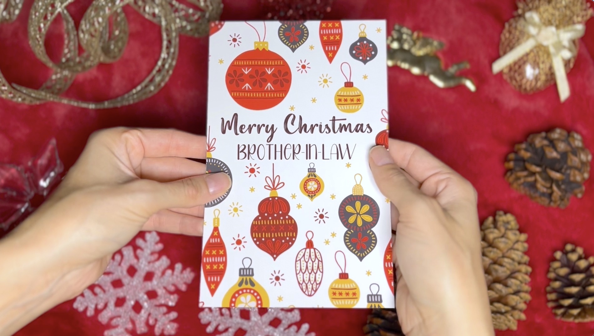 Designer Greetings Christmas Card For Brother & Sister-in-Law - Red Patterned Ornaments