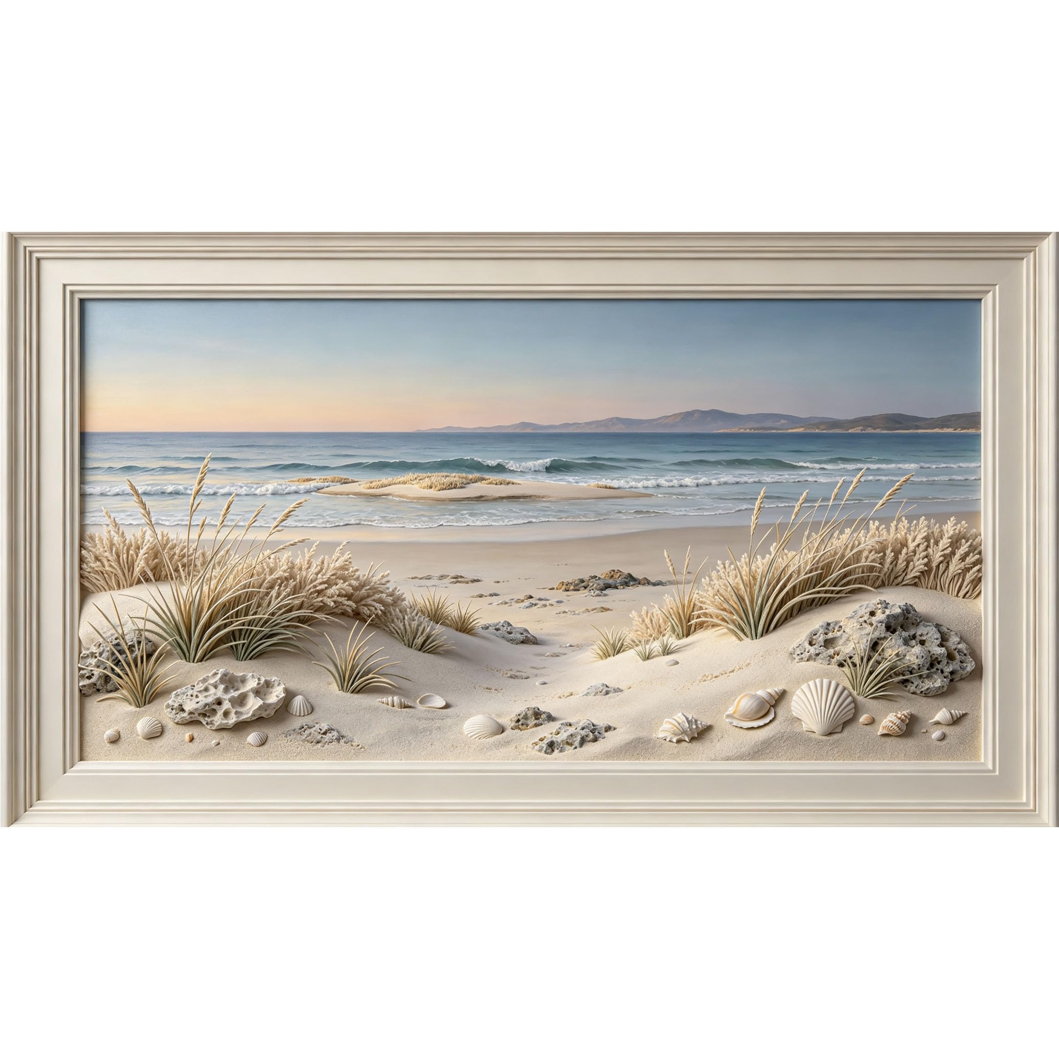 QZLITHOTIC 50×90cm3D Framed Wall Art， Coastal Ocean Beach Shoreline Seashells Self?Adhesive Mural， Water?Activated Peel & Stick Fabric Decor Wall Decal for Bedroom Living Room