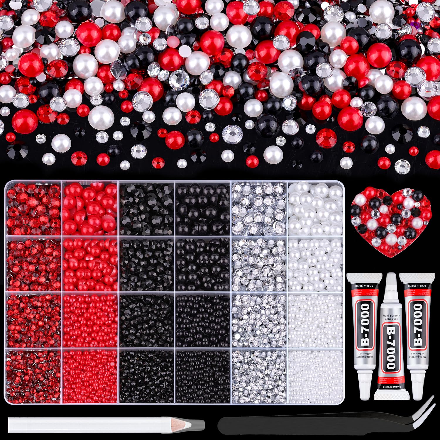14000Pcs Flatback Pearls and Rhinestones for Crafting, Red White Black Mixed Size 3-8mm Resin Rhinestones and Half Pearls for Bedazzling, Nail Art and