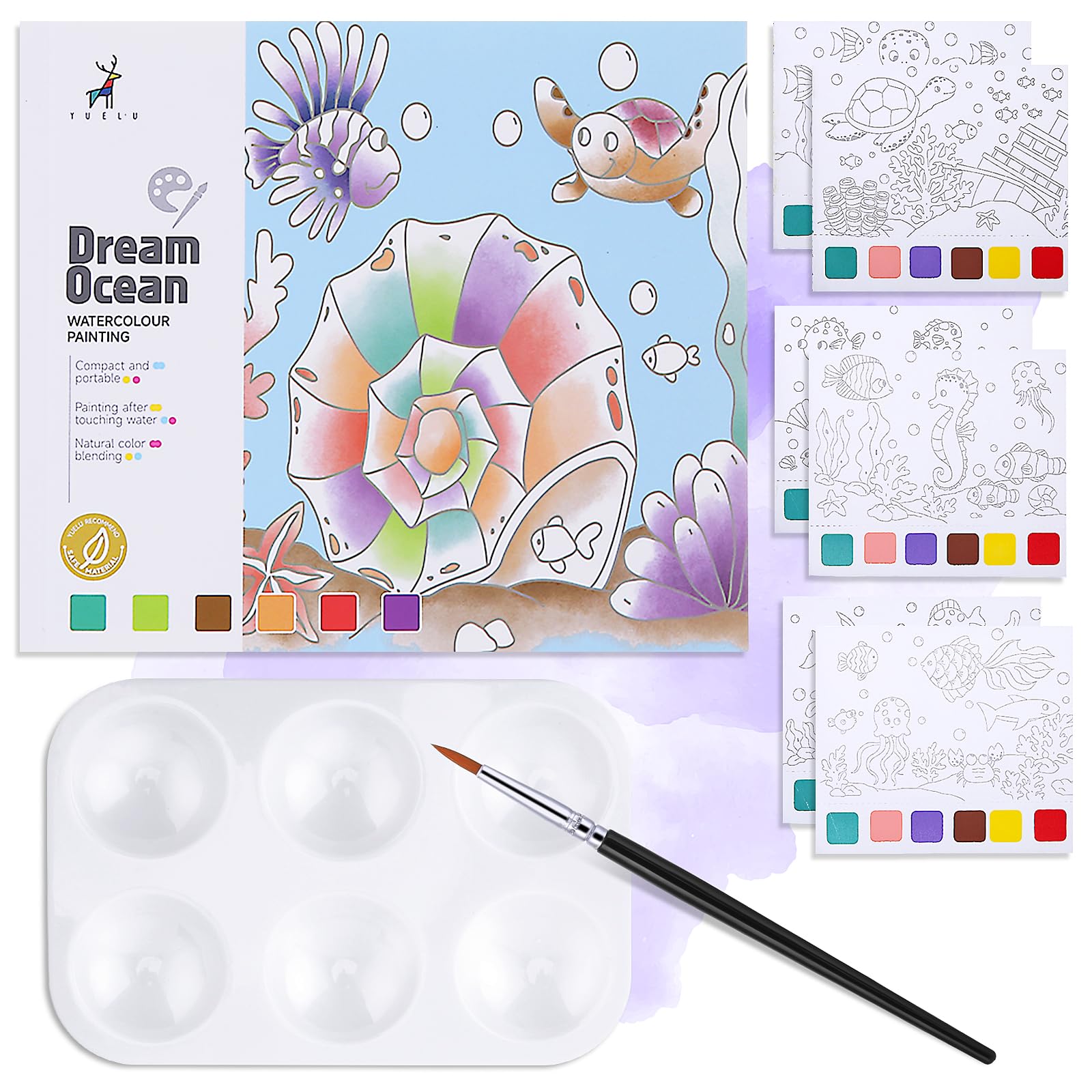 Molain Libros para colorear de acuarela para niños, juego de 20 páginas para colorear al agua con paleta de pinceles, herramientas de pintura para pintar (multicolor 2)