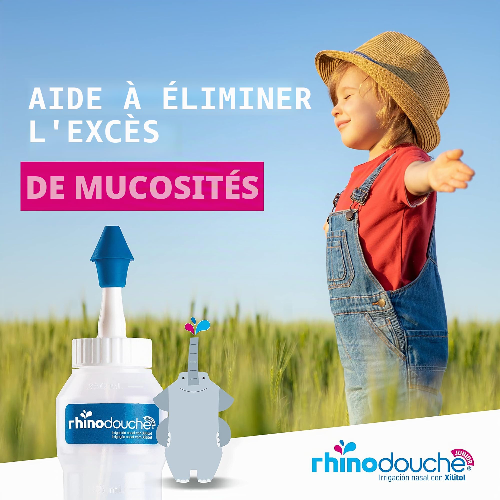 RHINODOUCHE Urgo Junior Nasal Wash Starter Pack contient 250 ml de fil dentaire nasal + 26 sachets de 2,5 g contenant un mélange de sel de xylitol.