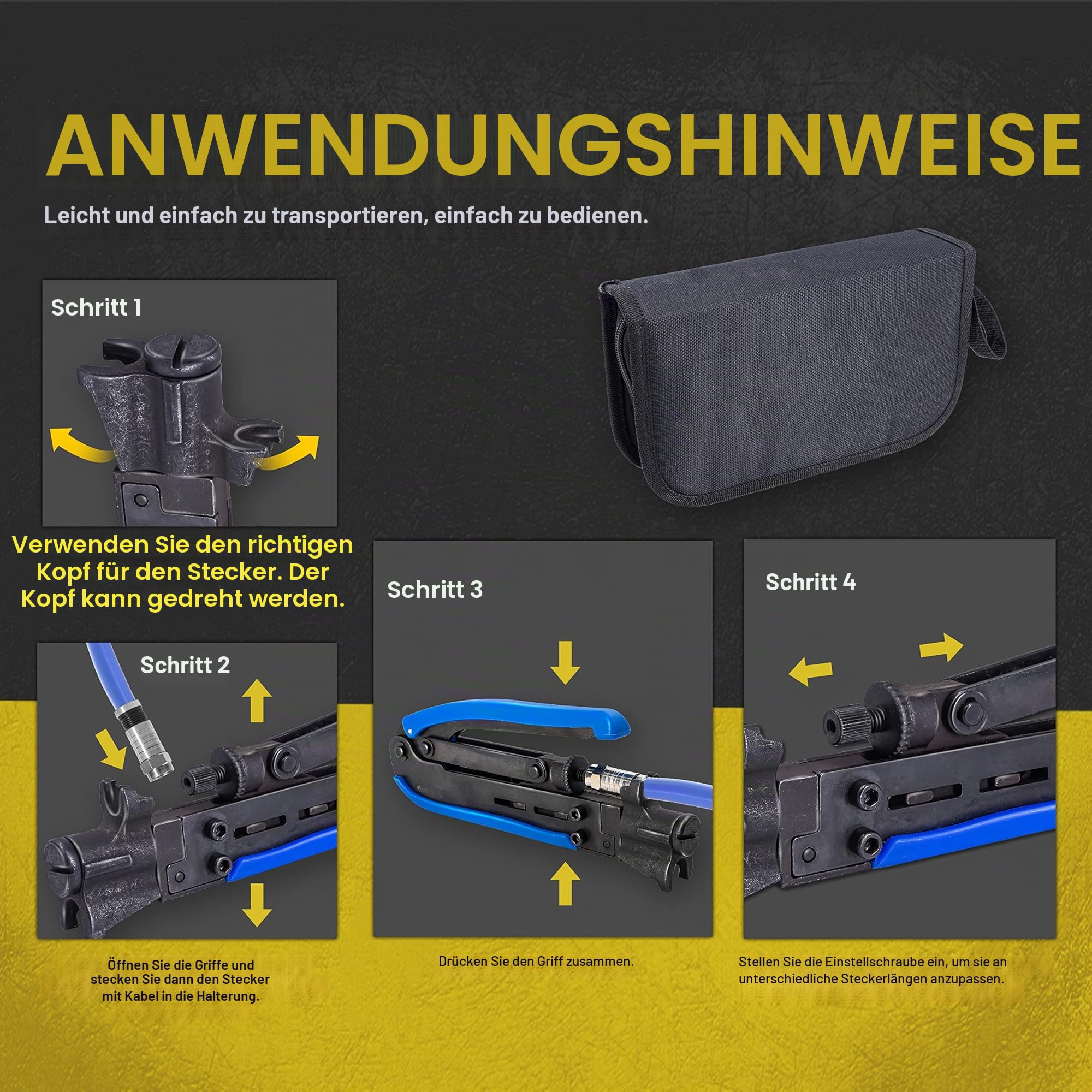 KOTTO Abisolierwerkzeug für Koaxialkabel Set Kompressionszange Abisolierzange, verstellbar RG6,RG59,RG11,75-5,75-7, mit 20 F-Kompressionssteckern, Kreuzschlitzschraubendreher, Lagerungstasche