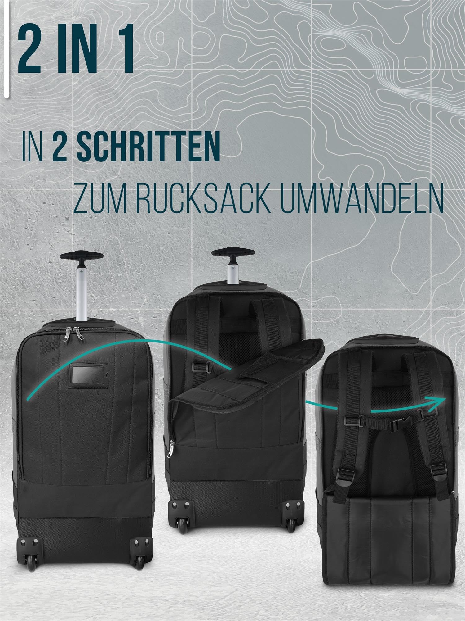 normani Backpacker Reisetaschen-Rucksack mit Trolleyfunktion - Trolley mit Frontloader Funktion und vielen Taschen 60 Liter Farbe Schwarz/Grau