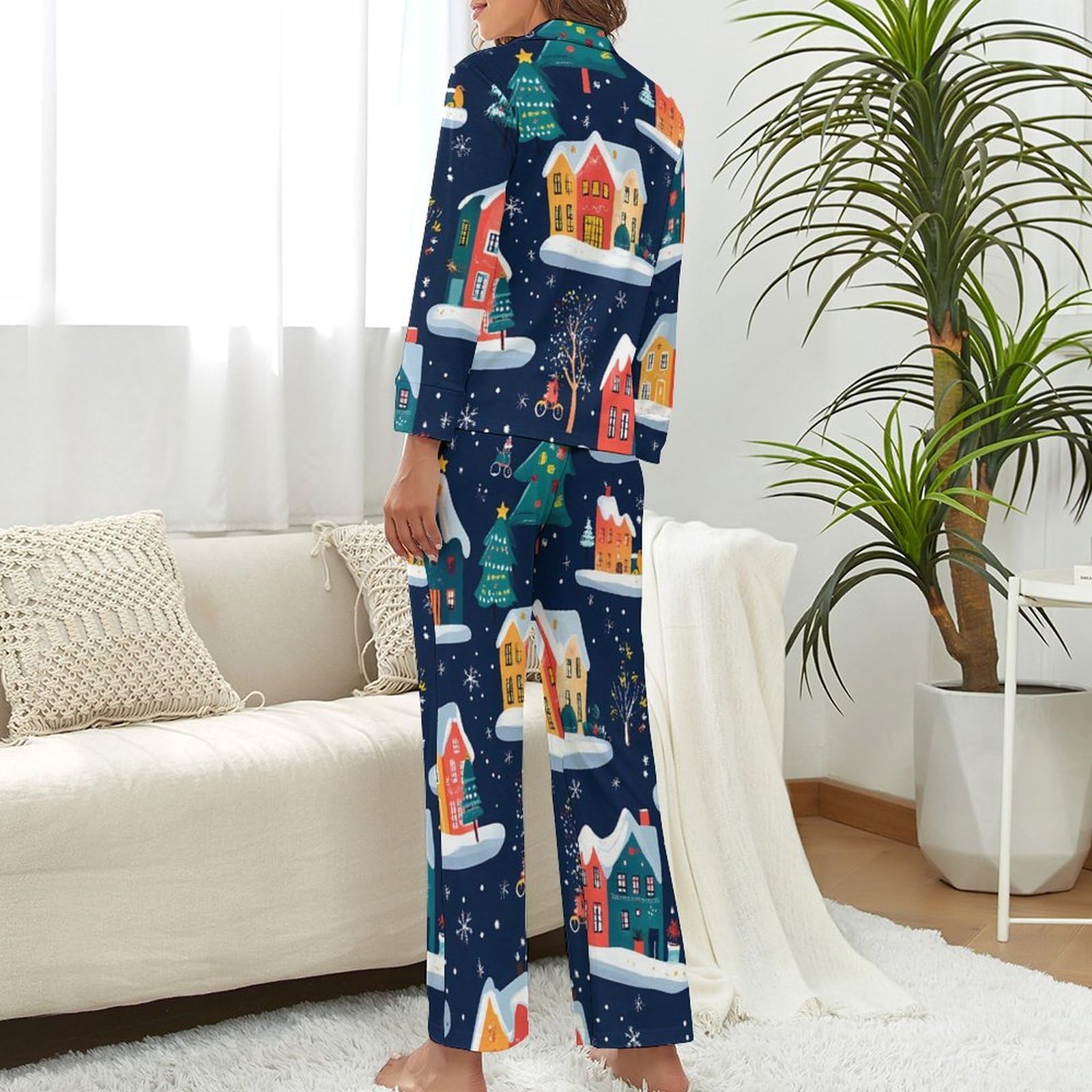Conjunto de pijama casual de Navidad con diseño de casas coloridas para mujer, pijama de manga larga con botones, ropa de dormir