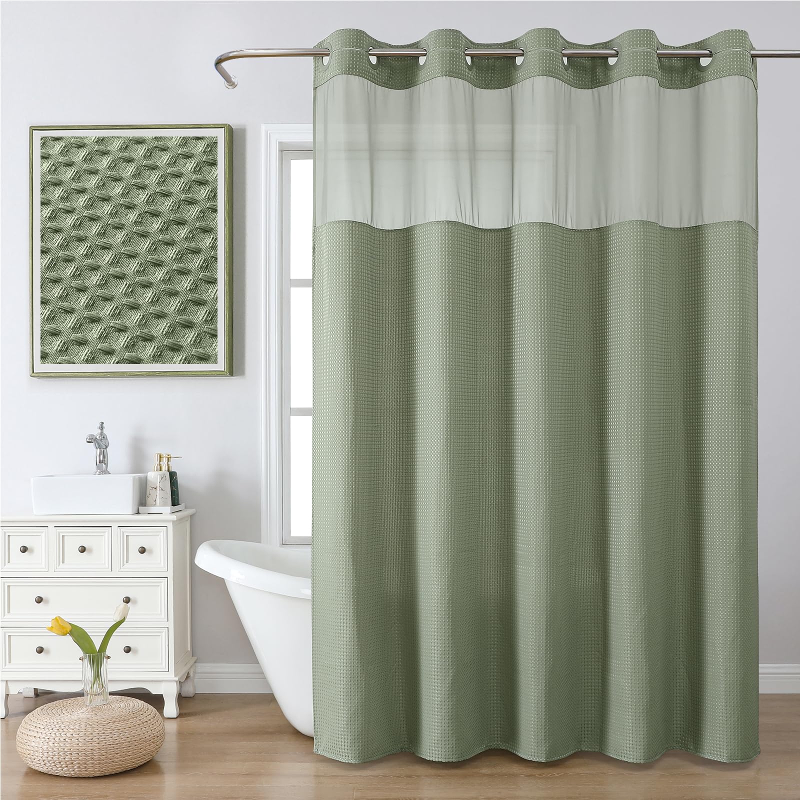 FY&XZH No Hook Waffle Weave Shower Curtain with Mesh Top Window, Shower Curtain with Laminated Waterproof Backing for Bathroom, Machine Washable, Hotel Style Fabric, 72W x 75H, Green