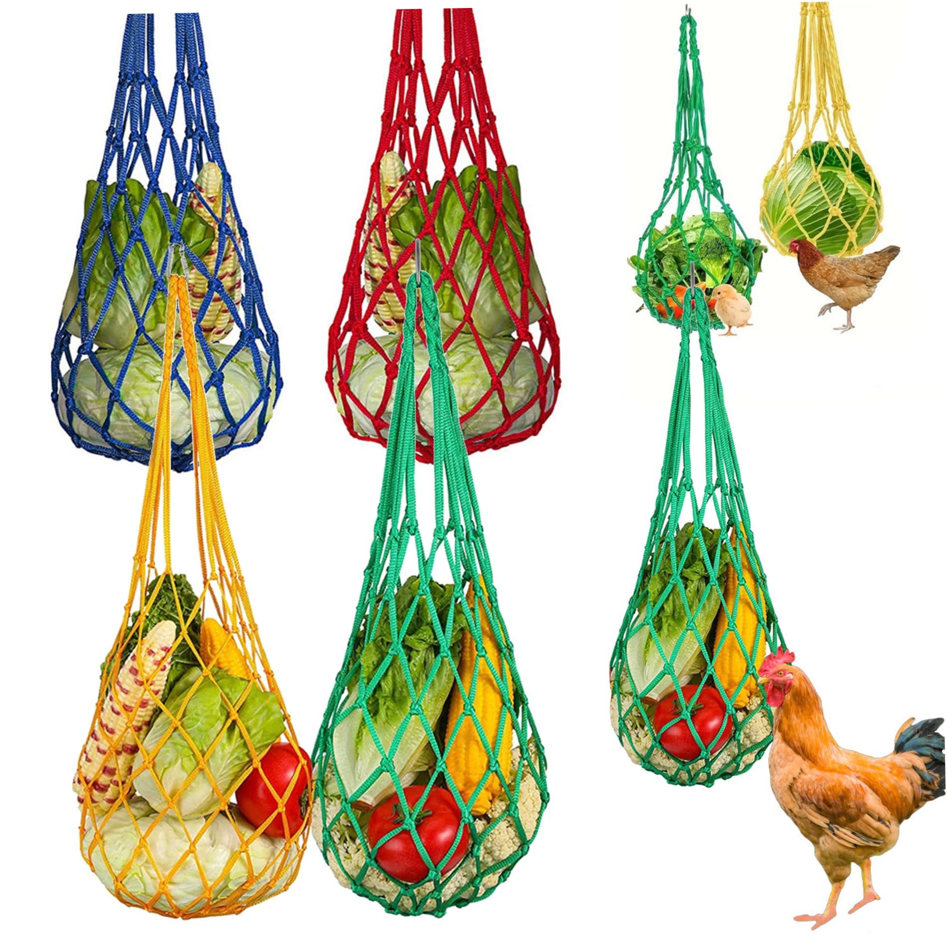 4 Pièces Sac Filet Suspendu Anti-Gaspillage Pour Poules – Rouge/Noir/Jaune/Vert | 57 Cm Grande Capacité