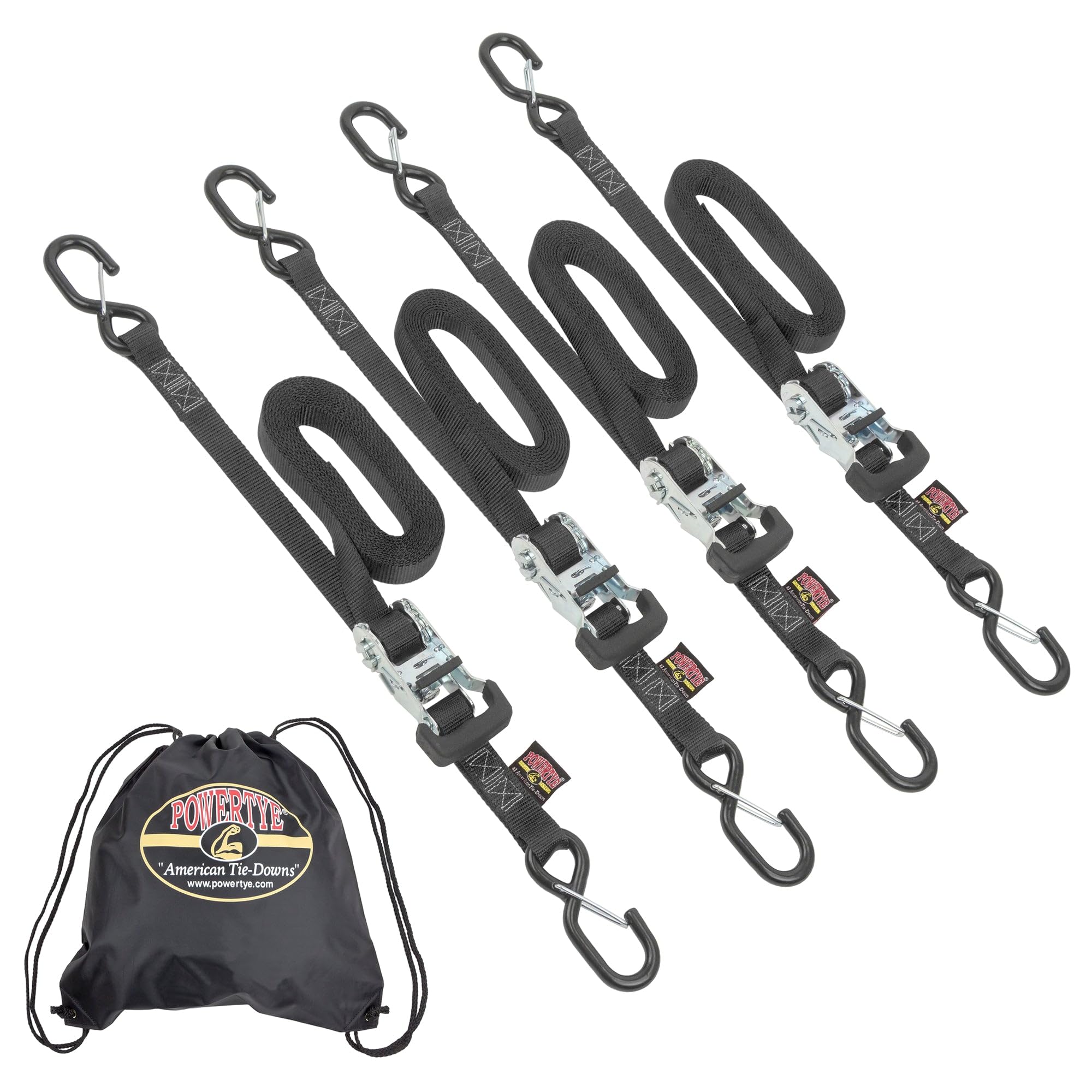 PowerTye 1in x 15ft Rubber Handle Ratchet Straps with Latch Hooks & Storage Bag - 500 lb. Working Load Limit / 1,500 lb. Breaking Strength - Made in USA - Black (4-Pack)