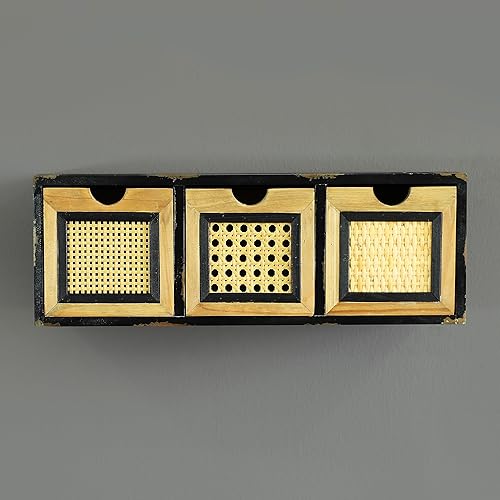 PJCOLL Organizador de almacenamiento rústico bohemio de ratán y madera, 3 cajones, montado en la pared o en el escritorio, marrón con detalles