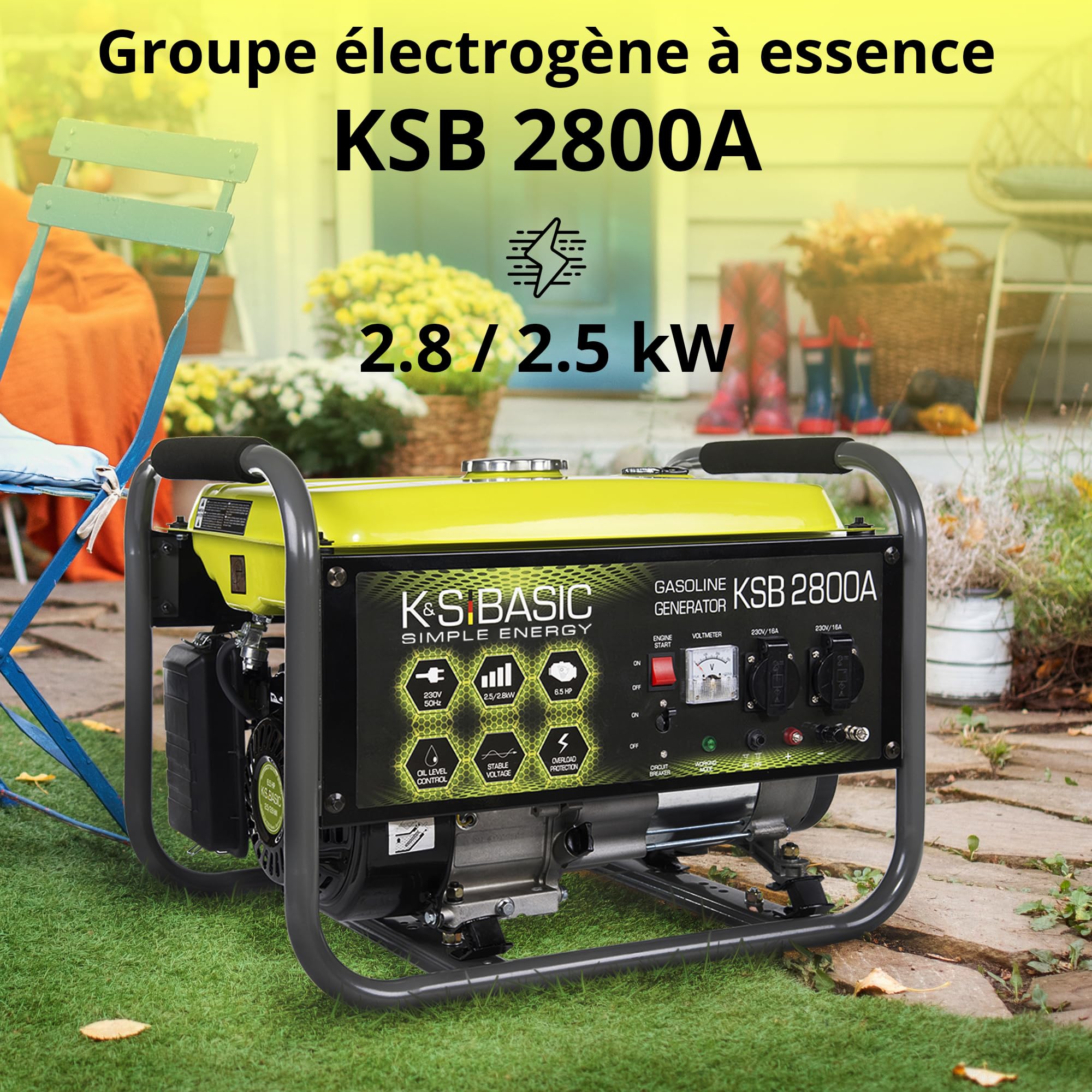 Groupe électrogène à essence KSB 2800A, puissance maximale 2800W, démarrage manuel, régulateur de tension automatique (AVR), voltmètre, 2x16A (230V), sortie 12V, alternateur en aluminium.