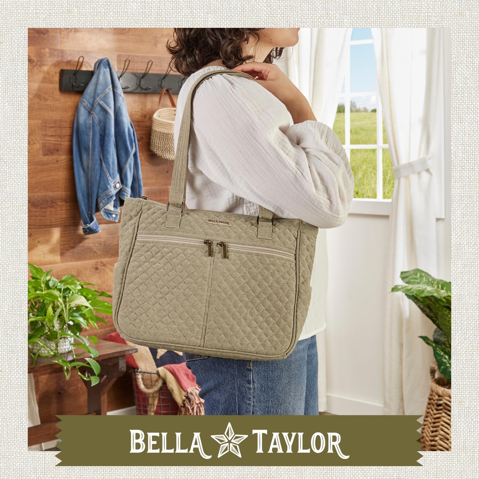 Bella Taylor Everyday Tote | Quilted Cotton Handbag for Women | Khaki Chambray