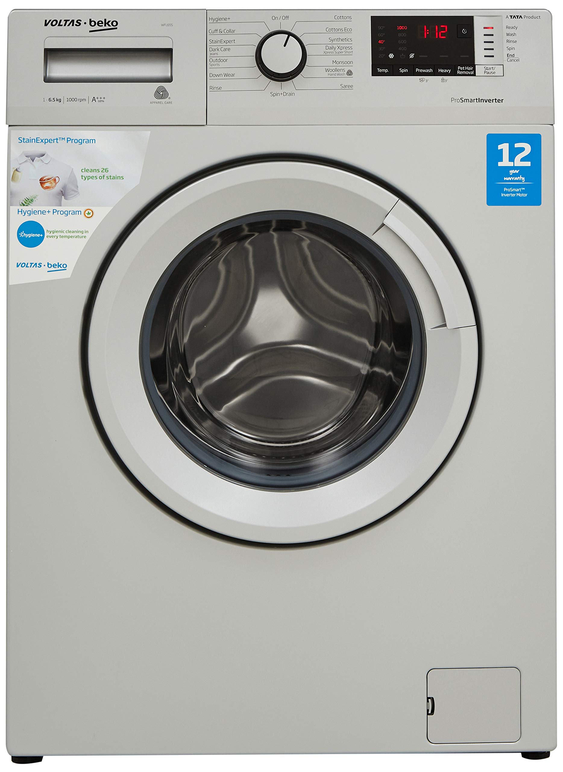 Voltas Beko 6.5 Kg Inverter Fully-Automatic Front Loading Washing Machine, Inbuilt Heater, 26 Stain Remover (WFL65S, Silver)-image-39
