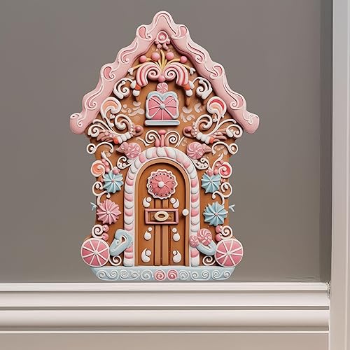 Adhesivo de pared de casa de pueblo de Navidad, decoración de casa de jengibre glaseado rosa