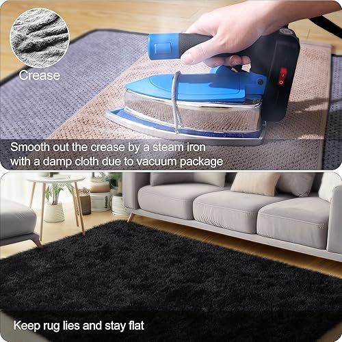 Miniatura 5 de Alfombra negra para sala de estar, de 6 x 9 pies, suave y esponjosa, de 6 x 9 pies, alfombra grande peluda, alfombras peludas para sala de estar,