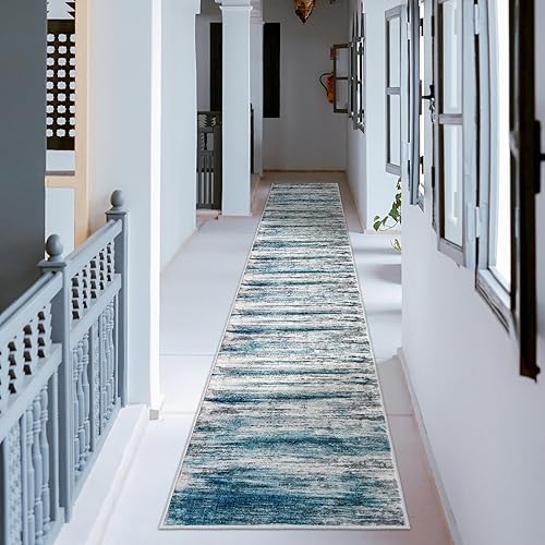 KOZYFLY Modern Abstract Hallway Runner Rug, 2.6x16 Washable Rug Runner Non-Slip Soft Striped Kitchen Runner Rugs, Print Distressed Teal Blue Carpet Runner for Entryway Bathroom Laundry Room Foyer