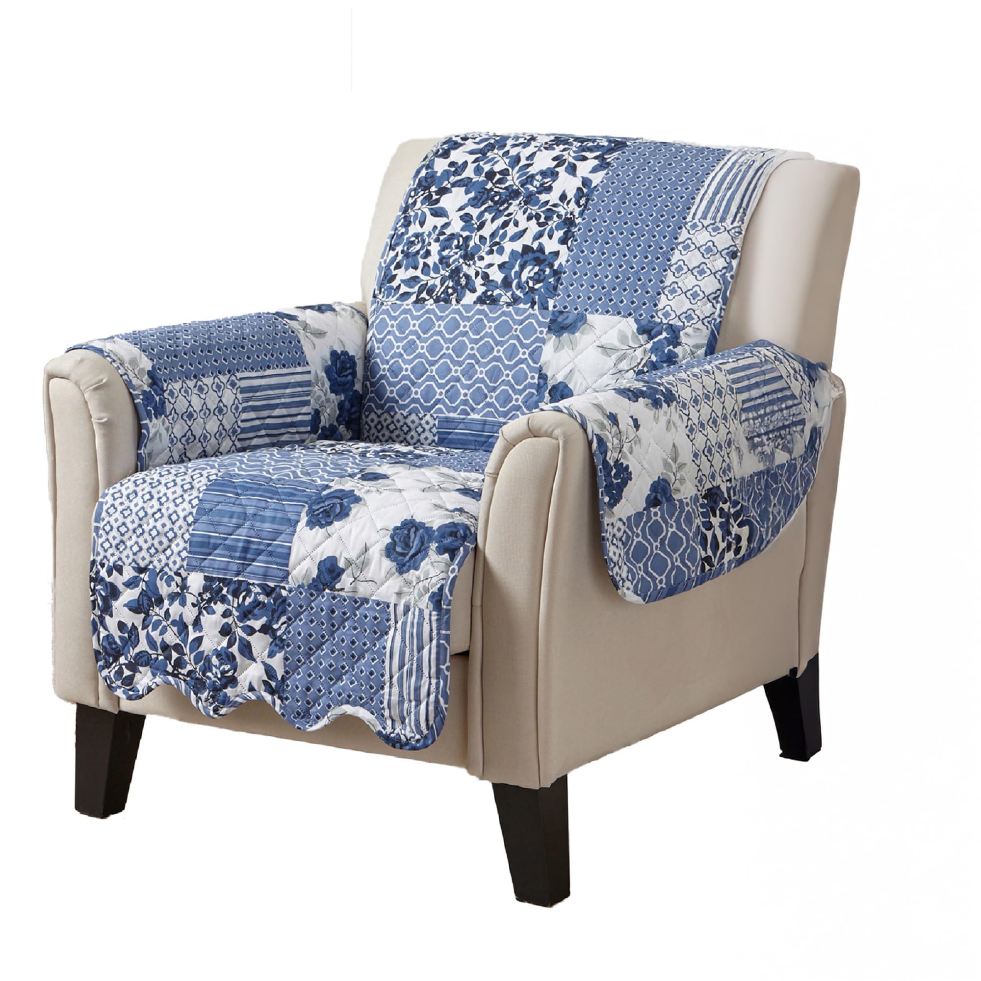 Great Bay Home Patchwork Scalloped Printed Furniture Protector Stain Resistant Chair Cover (Chair, Navy)