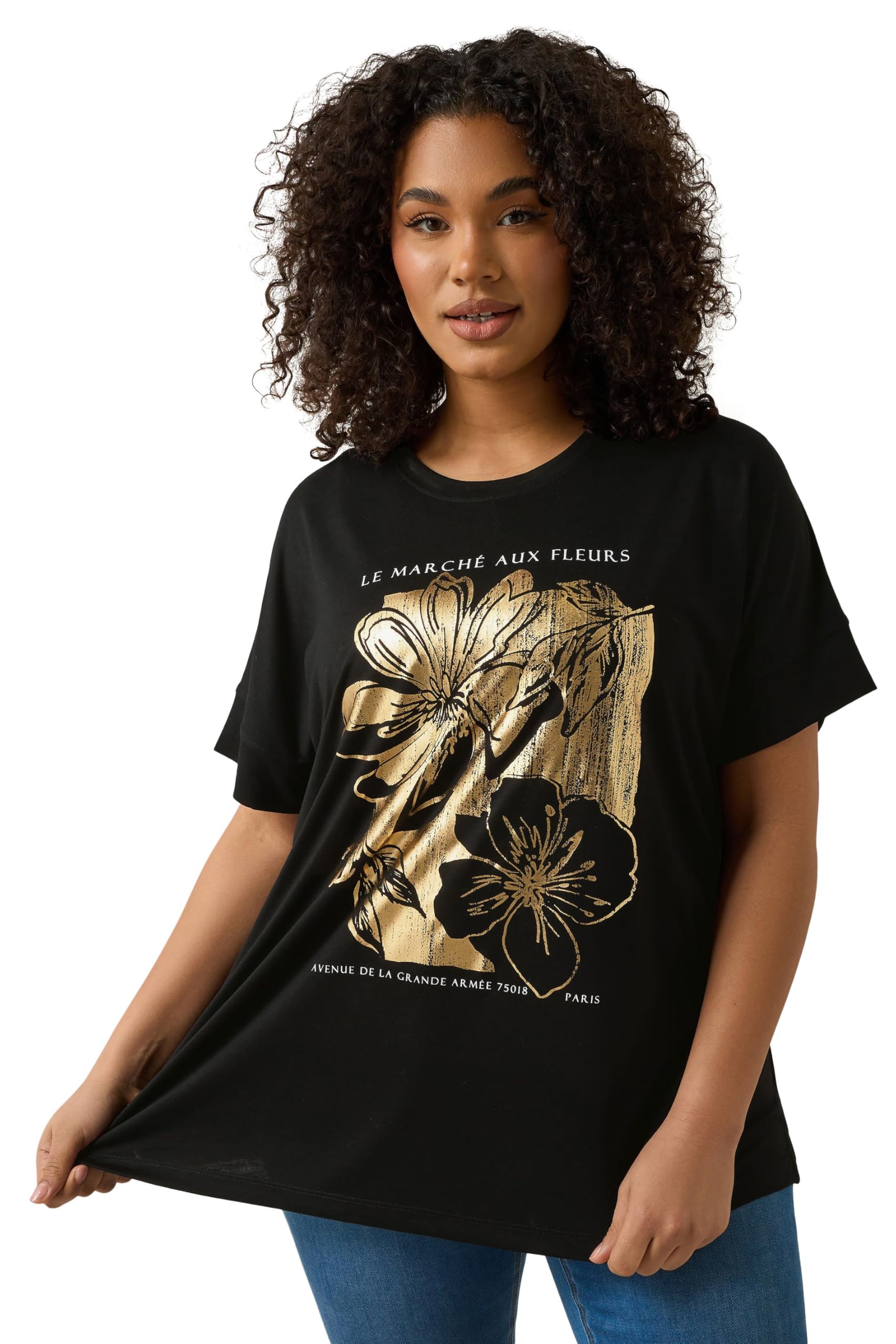 Floral T-Shirt - Black - Short Sleeve - Crew Neck - Modal Rich Fabric - Metallic Graphic Print - Evans