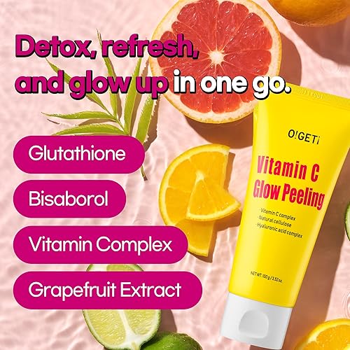 Miniatura 7 de Gel pelador con brillo de vitamina C, celulosa natural y exfoliante AHA, complejo de vitamina C, mandarina verde reciclada, seguro para la piel