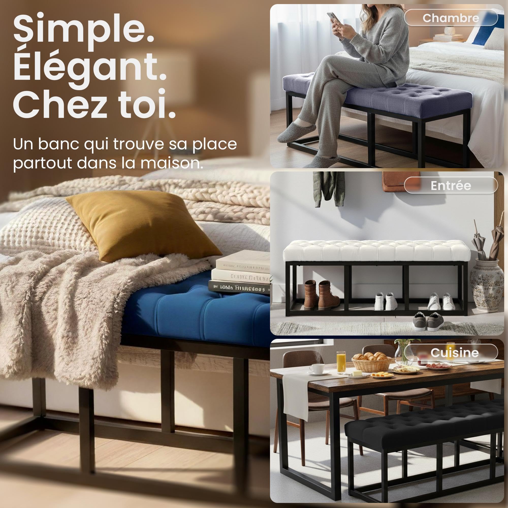 CLP Banc Polson, Moderne, Cadre en métal Noir, Velours capitonné, Protection de Sol, pour Salon, entrée ou Chambre à Coucher, Couleur:Noir, Taille:120 cm