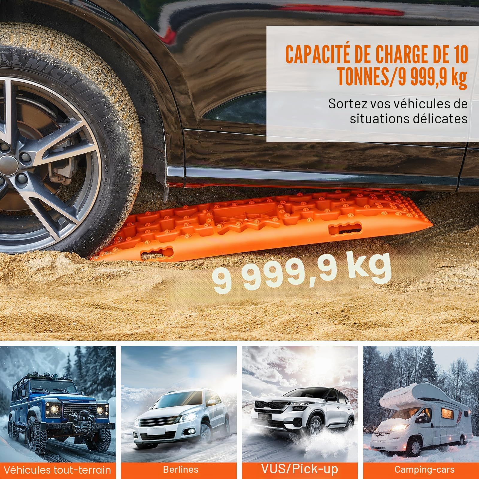 VEVOR Plaque de Désenlisement 10 T avec PP, Tapis de Traction pour Tout-Terrain/Voiture/Pick-up/SUV/Camping-Car, Planche de Récupération de Sable Boue Neige, Sac de Rangement, Long, Orange, 2PCs