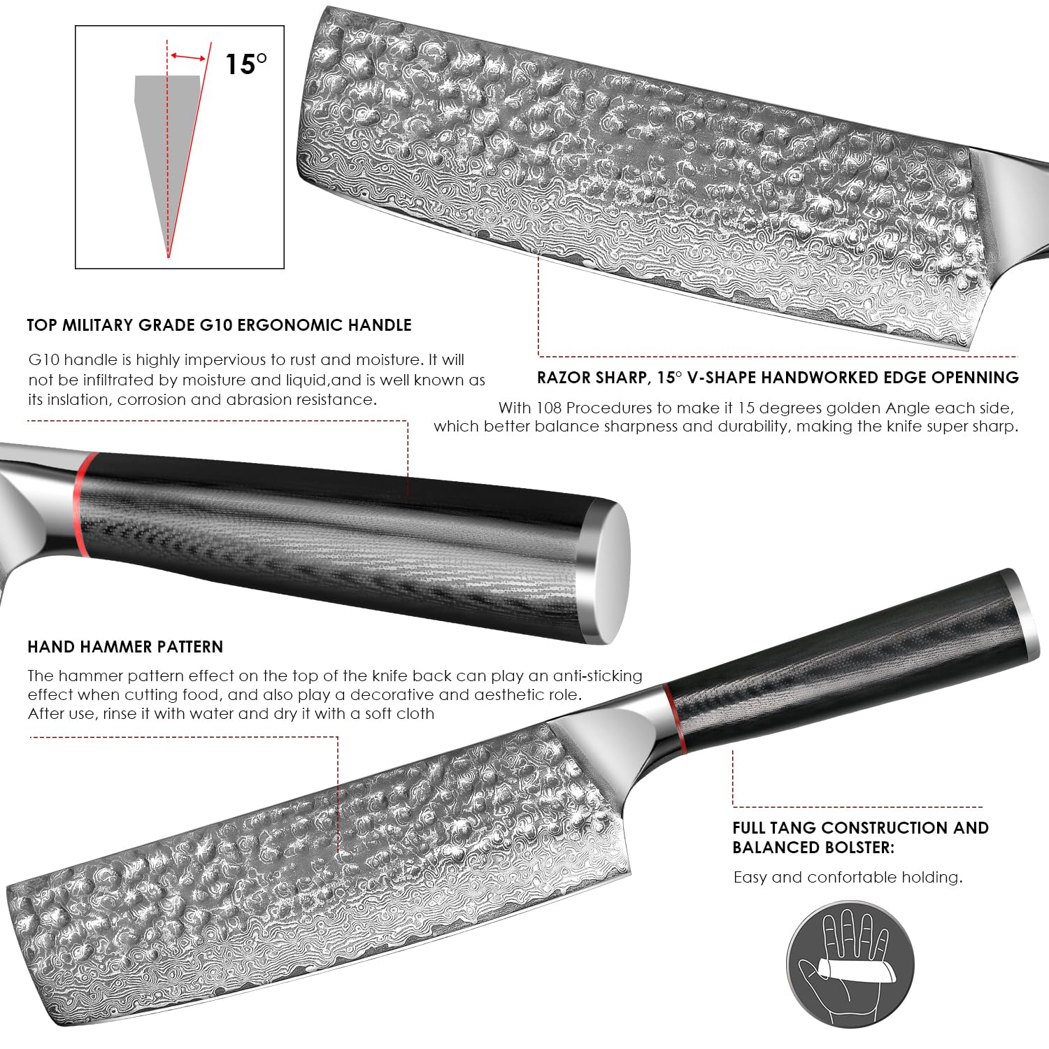 Home Safety Mannaia Cinese Damasco 17,4 cm 67 Strato VG-10 Acciaio di Damasco, Coltello Professionale per Carne con Impugnatura Ergonomica