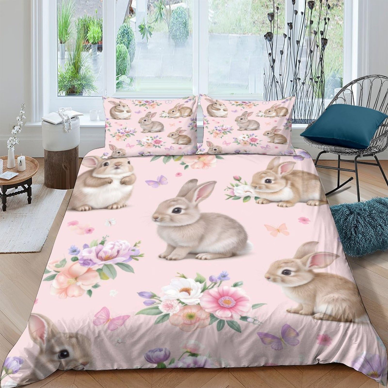 GPLZQXKJNH 3D Printed Cute Bunny Duvet Cover Microfiber Soft Floral Rabbit Bedding Set with 2 Pillowcases for Bedroom Decor Single（135x200cm）