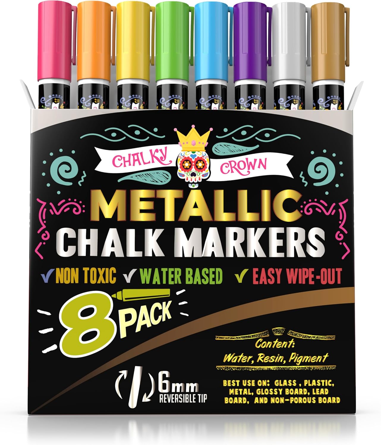 CHALKY CROWN Metallic Liquid Chalk Markers - 8 Pack with Reversible Bullet and Chisel Tips - Dust Free, Erasable, Non-Toxic - Ideal for Blackboards, Windows, and Glass - Writing Tools - Image 6