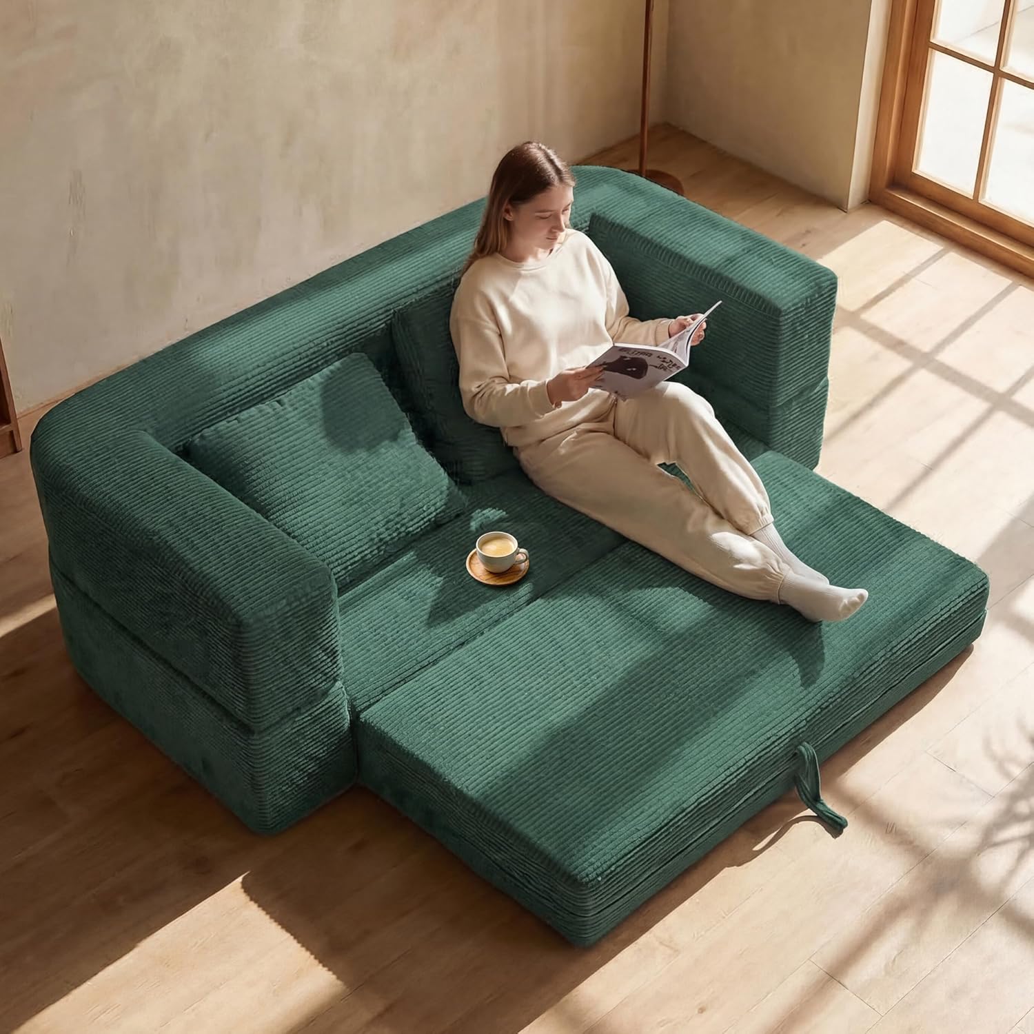 Kuahisoofa Floor Lounger Reading Nook, Folding Floor Couch for Adults, Soft Corduroy Sleeper Sofa for Healing Corner Sanctuary, Comfortable 3-in-1 Meditation Seating with Back Suppor