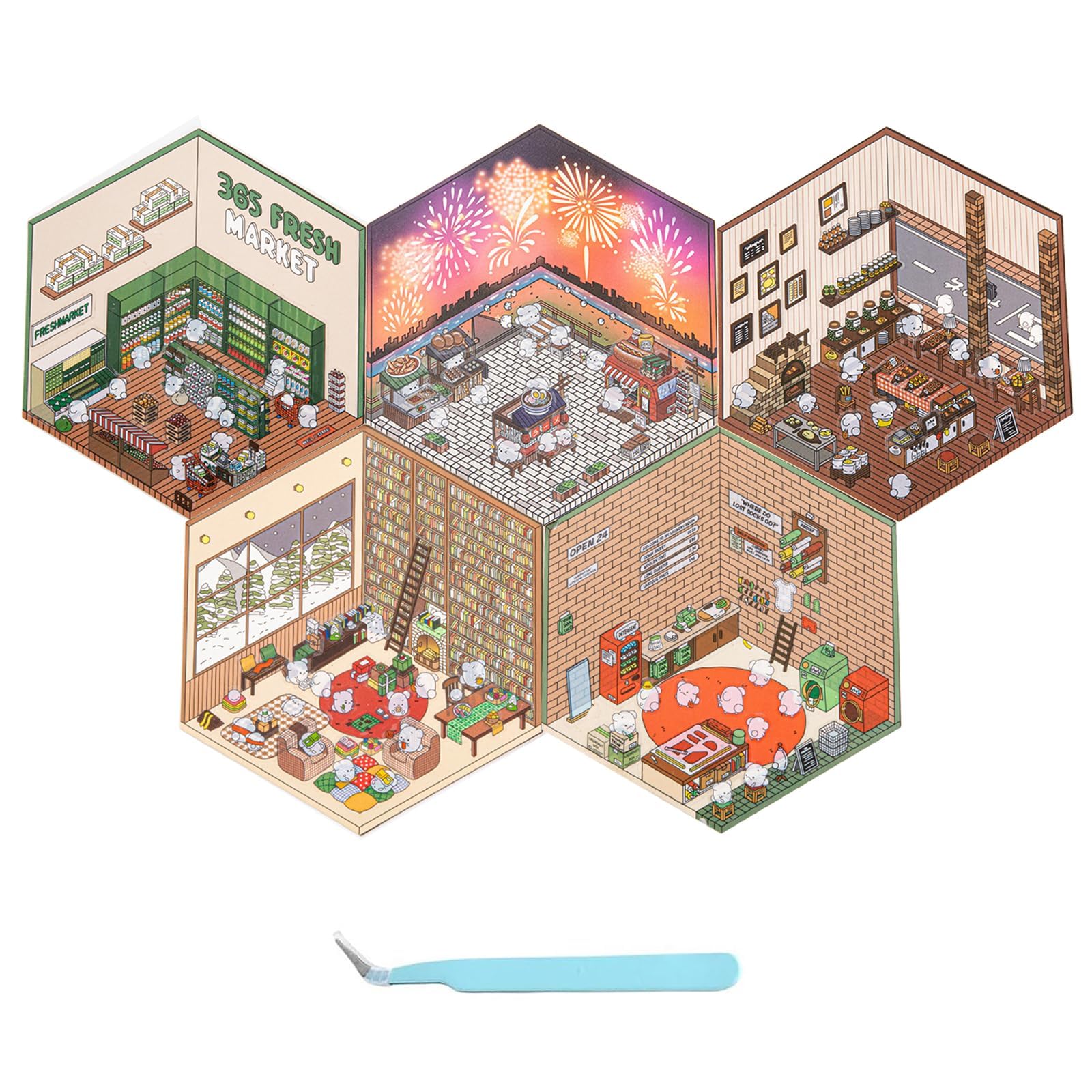 5 Sets 3D Sticker Scene, Create Your Own 3D House Sticker Set with Fun Scenes Like Supermarket, Coffee Shop, Restaurant & Bookstore, Perfect for Adults & Kids, Stress Relief & Creative Fun