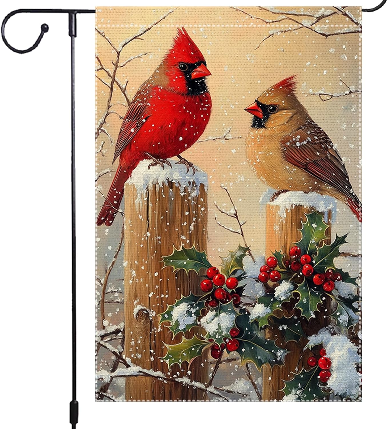 Winter Scene Garden Flag Double Sided Burlap Vibrant Red and Brown Cardinals Snowy Decorative Outdoor Yard Banner 12x18 Inch