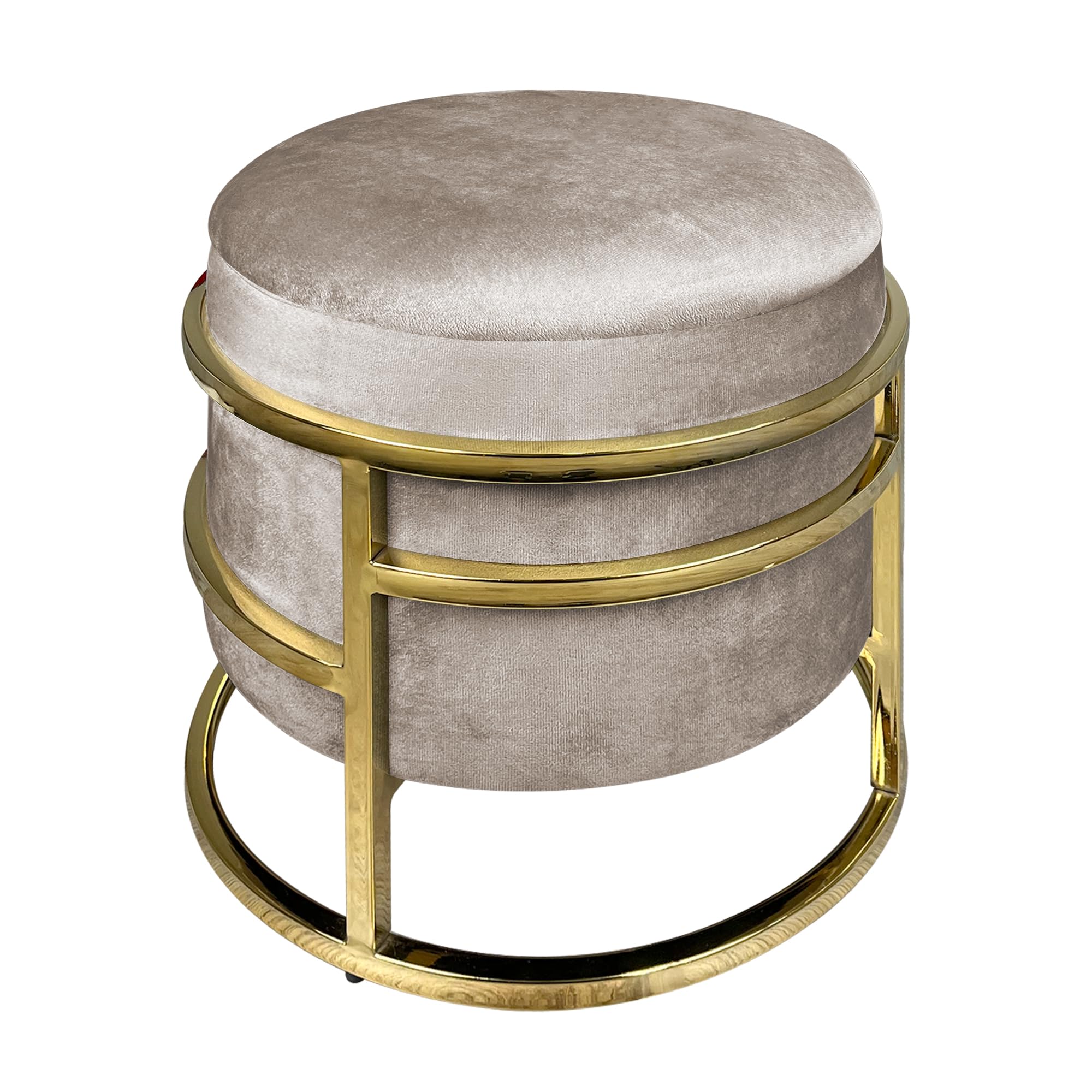 IlGruppone Pouf Contenitore Poggiapiedi Velluto con Struttura Circolare Cromata Oro Elegante Imbottito Sgabello per Toeletta Mobile Trucco Ottomano Ingresso Camera da Letto Rotondo - Tortora