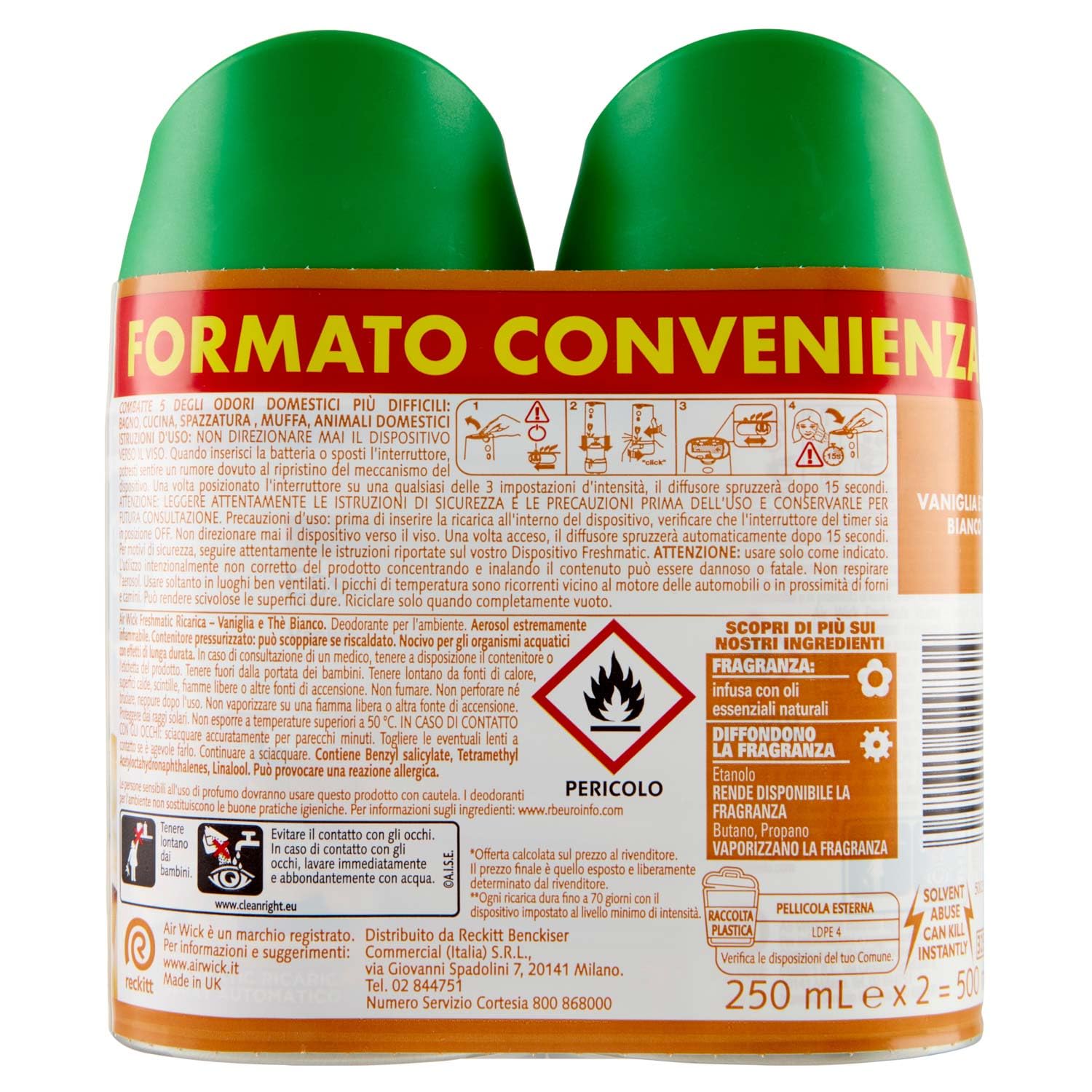 Airwick Freshmatic Profumatore per Ambienti, 2 Ricariche Spray Automatico, Fragranza Vanilgia e Thè Bianco, Profumo da 250 ml