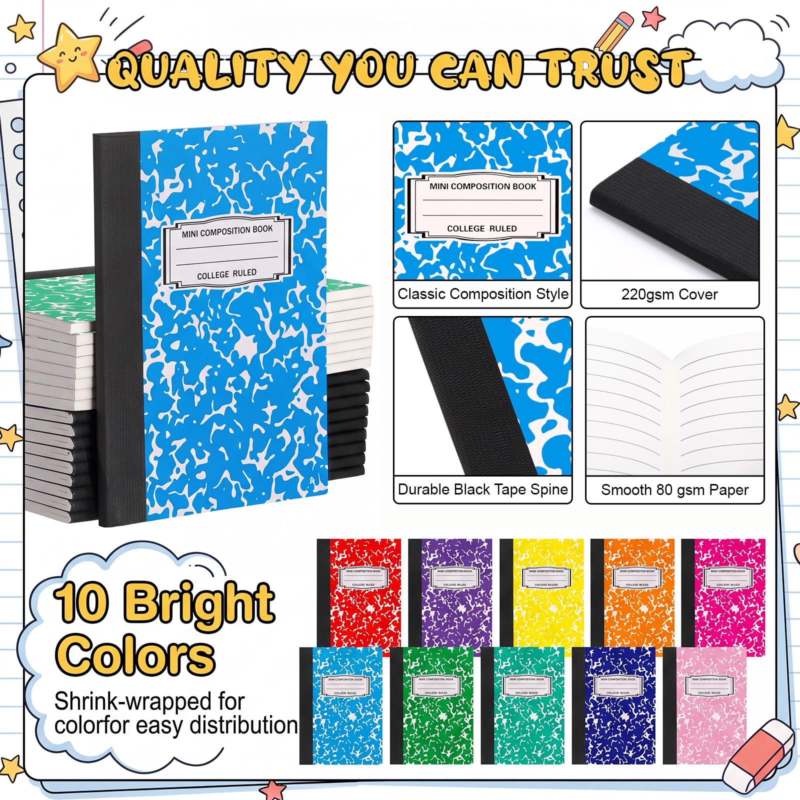 Resurhang Mini-Kompositions-Notizbuch, Großpackung, liniert, 11,4 x 8,26 cm, kleines Tagebuch, Notizbücher, 30 Blatt/60 Seiten, Marmoreinband für Schule, Bürobedarf, mehrfarbig, 200 Stück